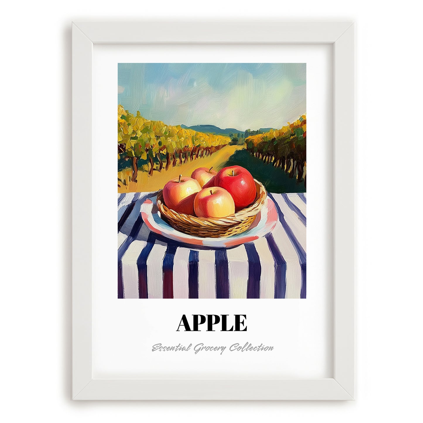 Apple – Valley Café Scene, Fruit Illustration, placed in minimal white frame