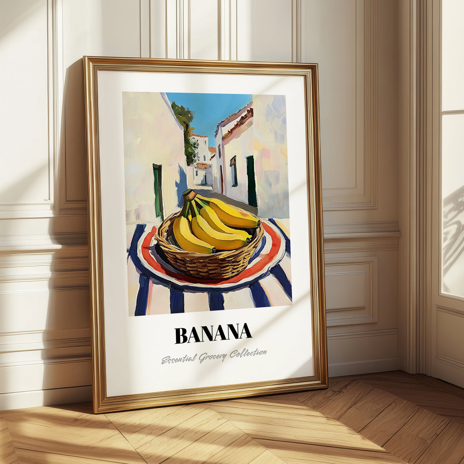 Banana – White village Outdoor Café Scene, Fruit Illustration