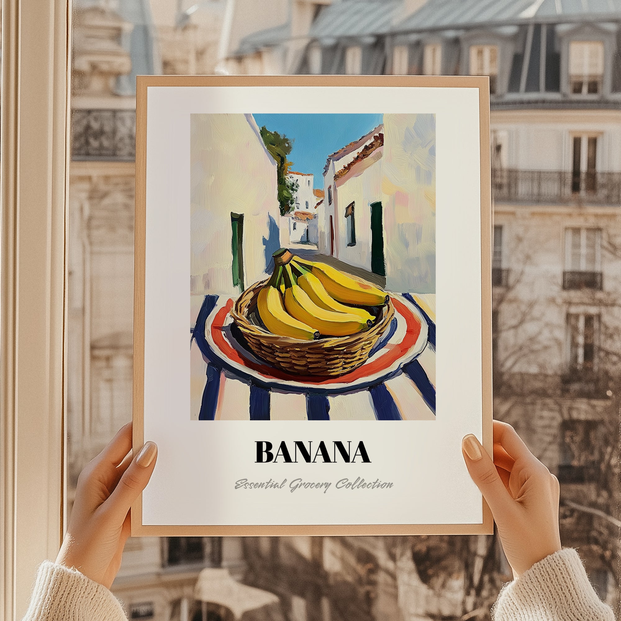Banana – White village Outdoor Café Scene, Fruit Illustration, styled in a charming Paris street view