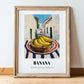 Banana – White village Outdoor Café Scene, Fruit Illustration, in wooden frame leaning on the floor