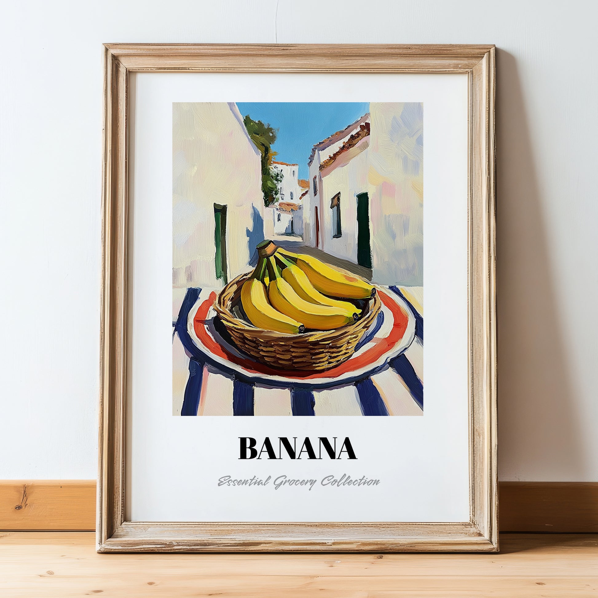 Banana – White village Outdoor Café Scene, Fruit Illustration, in wooden frame leaning on the floor