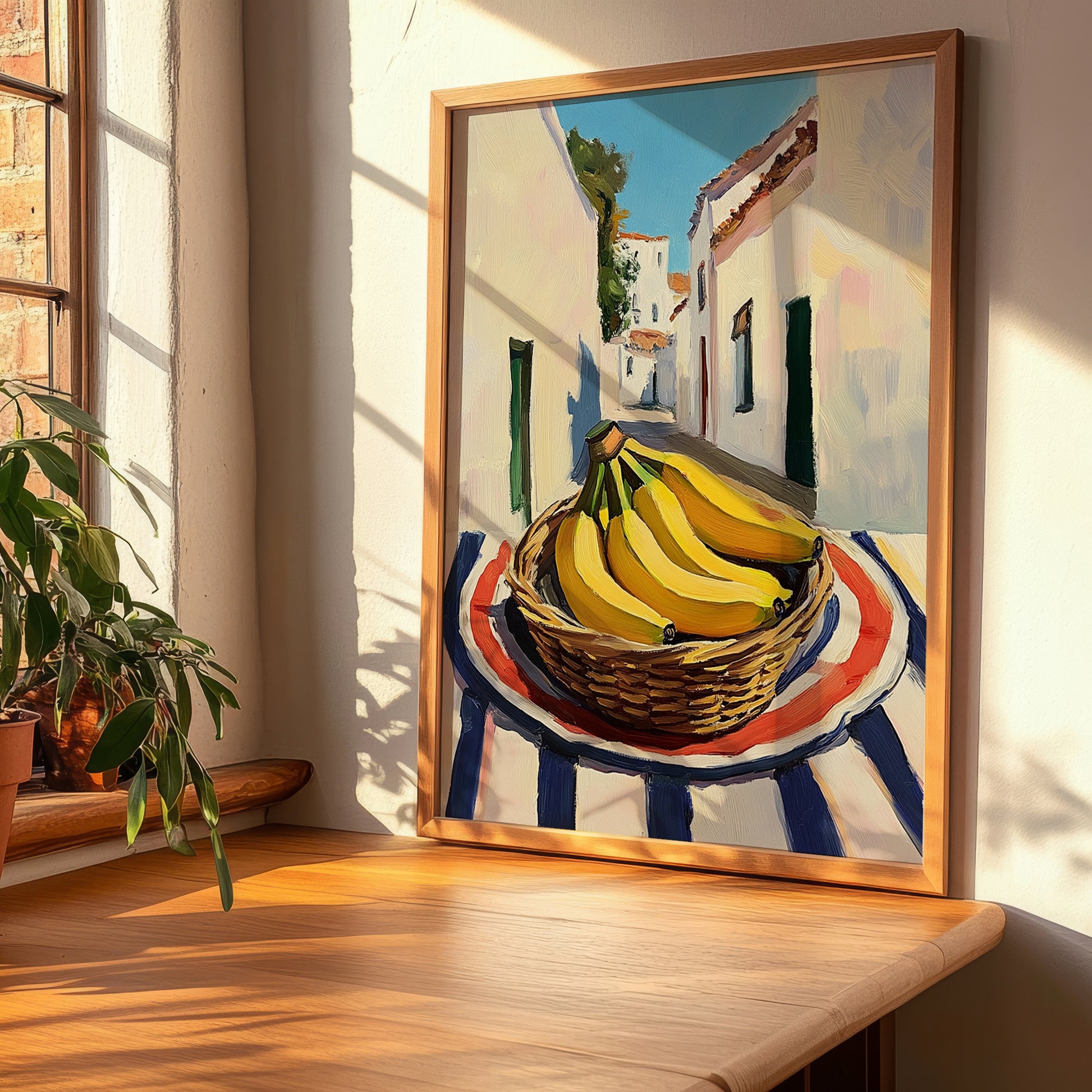 Banana – White village Outdoor Café Scene, Fruit Illustration, clean layout with no caption