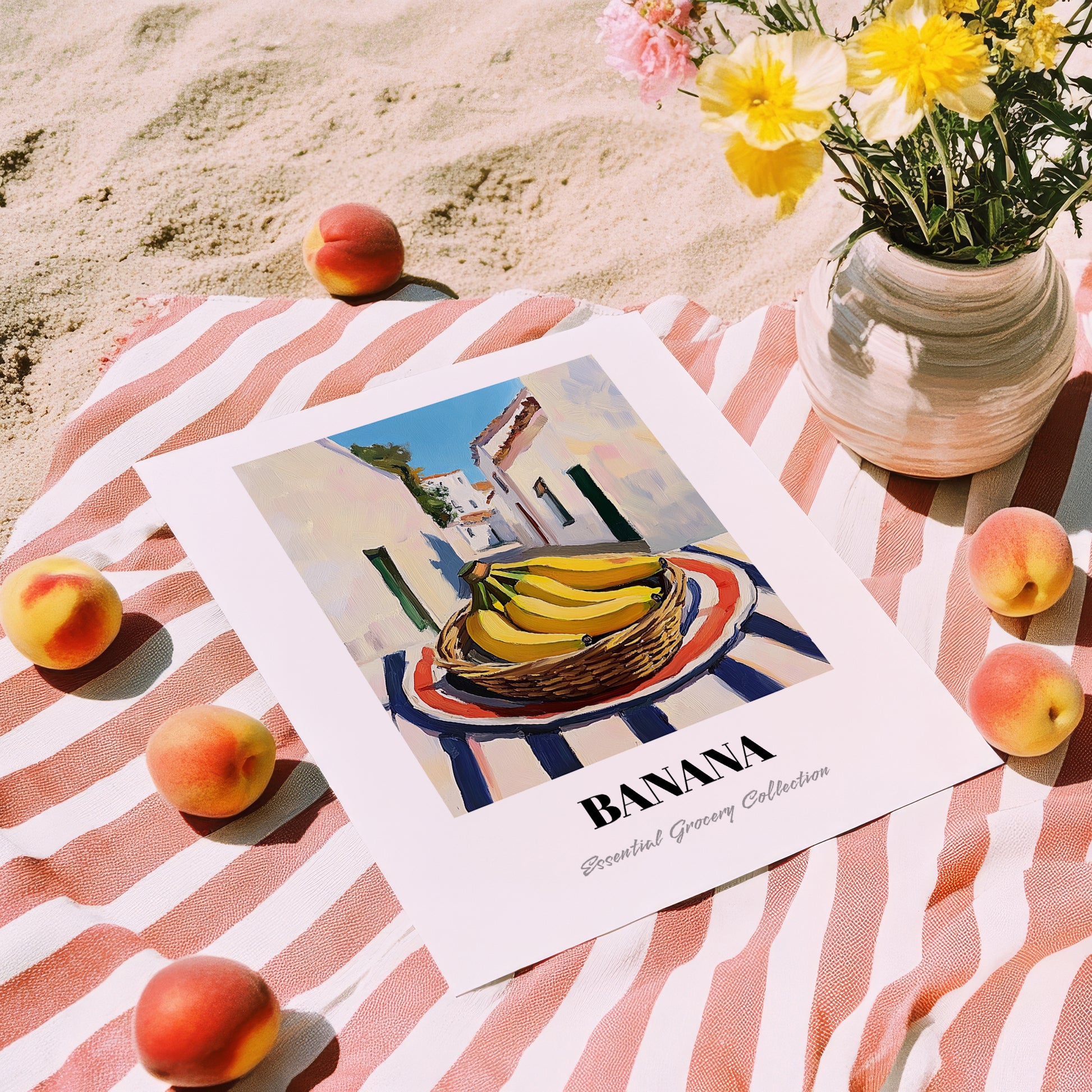 Banana – White village Outdoor Café Scene, Fruit Illustration, unframed on coastal sand