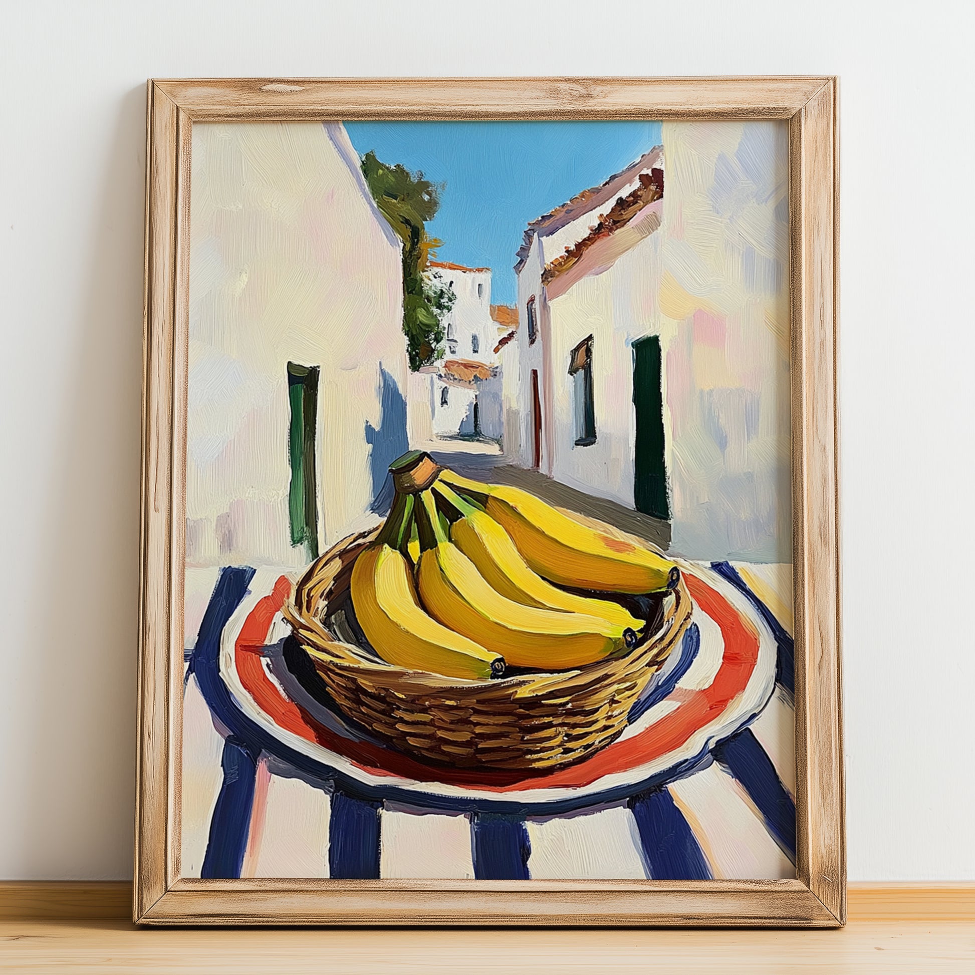 Banana – White village Outdoor Café Scene, Fruit Illustration, no-text version framed in wood