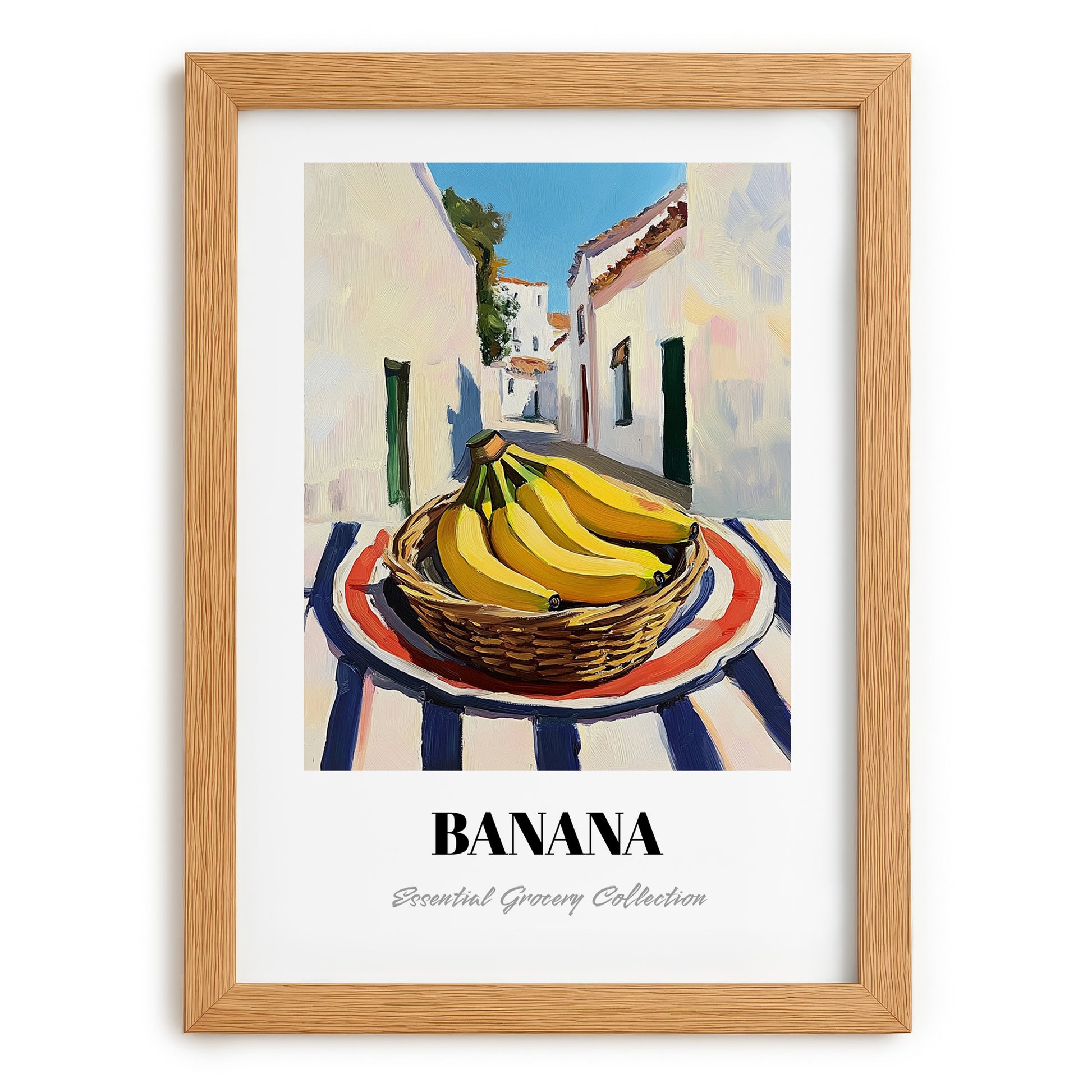 Banana – White village Outdoor Café Scene, Fruit Illustration, set in oak frame