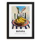 Banana – White village Outdoor Café Scene, Fruit Illustration, in sleek black frame
