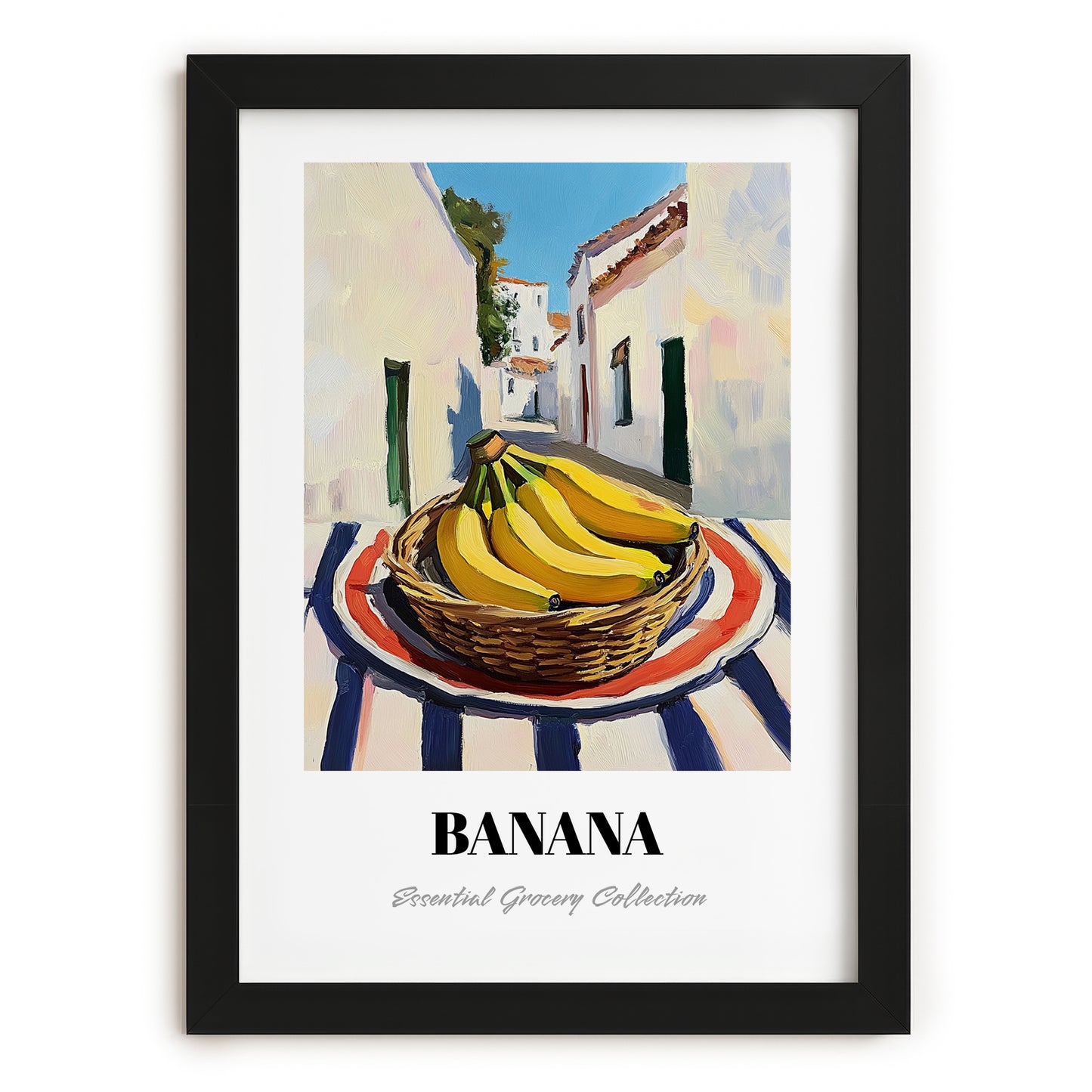 Banana – White village Outdoor Café Scene, Fruit Illustration, in sleek black frame