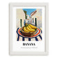 Banana – White village Outdoor Café Scene, Fruit Illustration, placed in minimal white frame