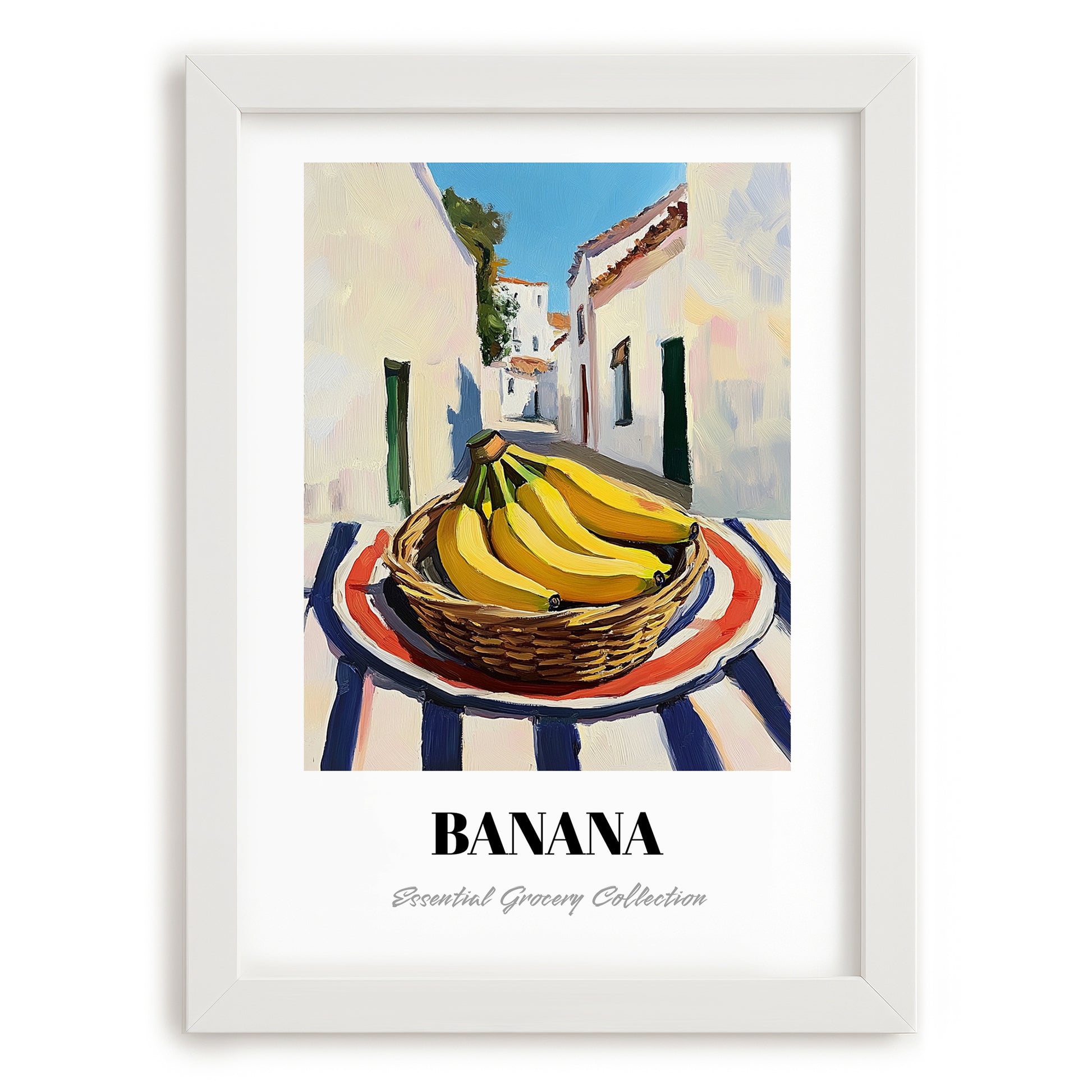 Banana – White village Outdoor Café Scene, Fruit Illustration, placed in minimal white frame