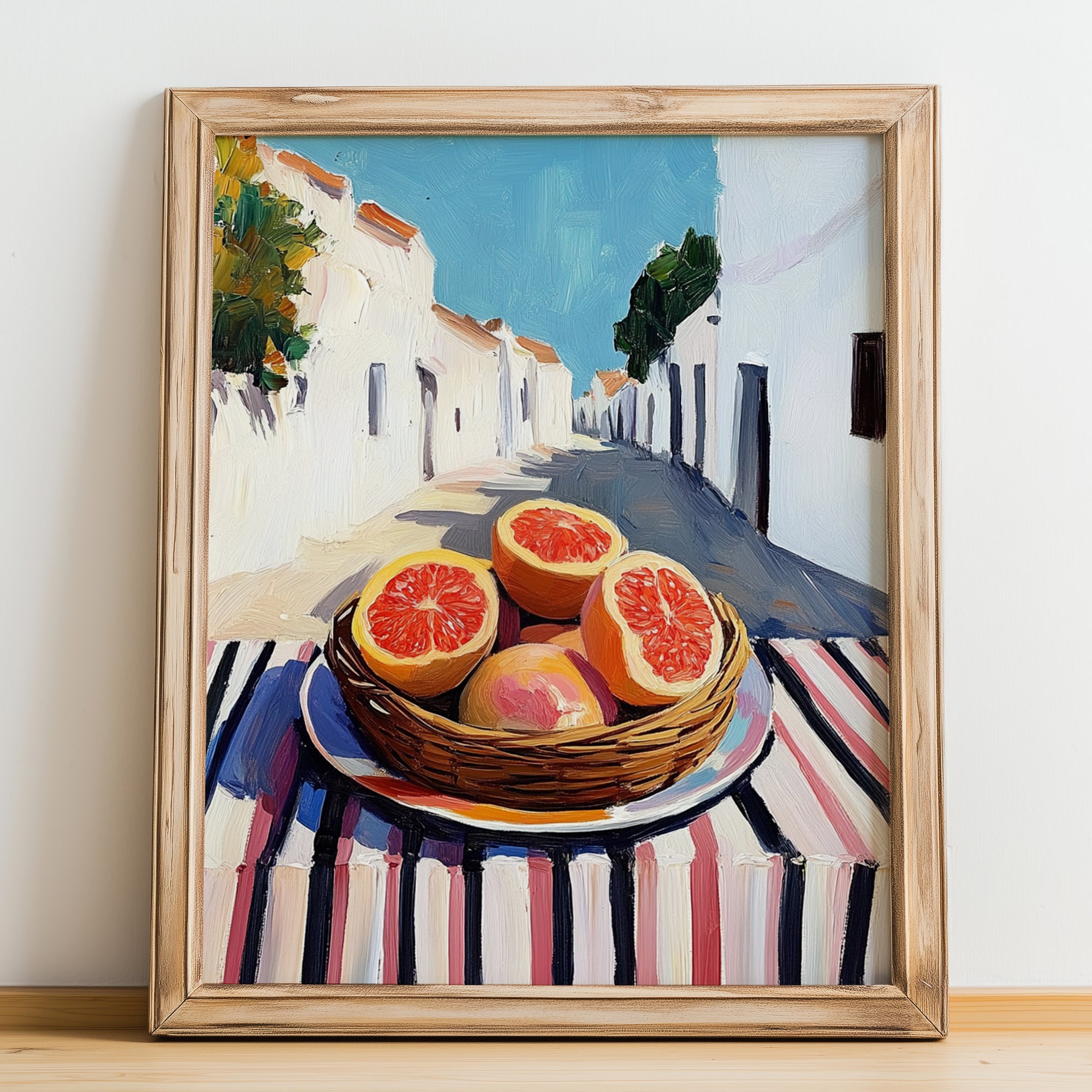 Grapefruit – White village Urban Café Scene, Fruit Wall Art, no-text version framed in wood