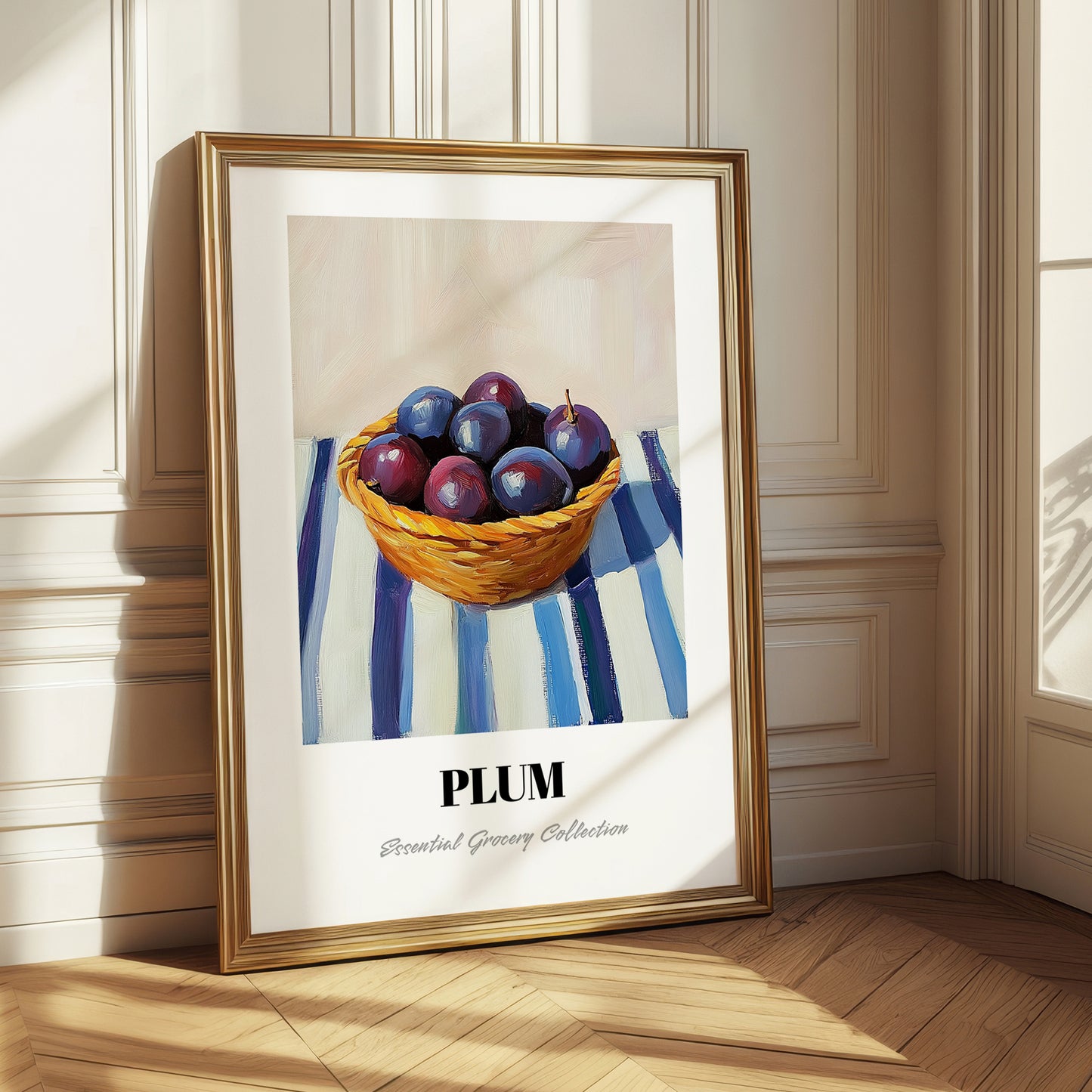 Plum – on Striped Tablecloth, Fruit Print