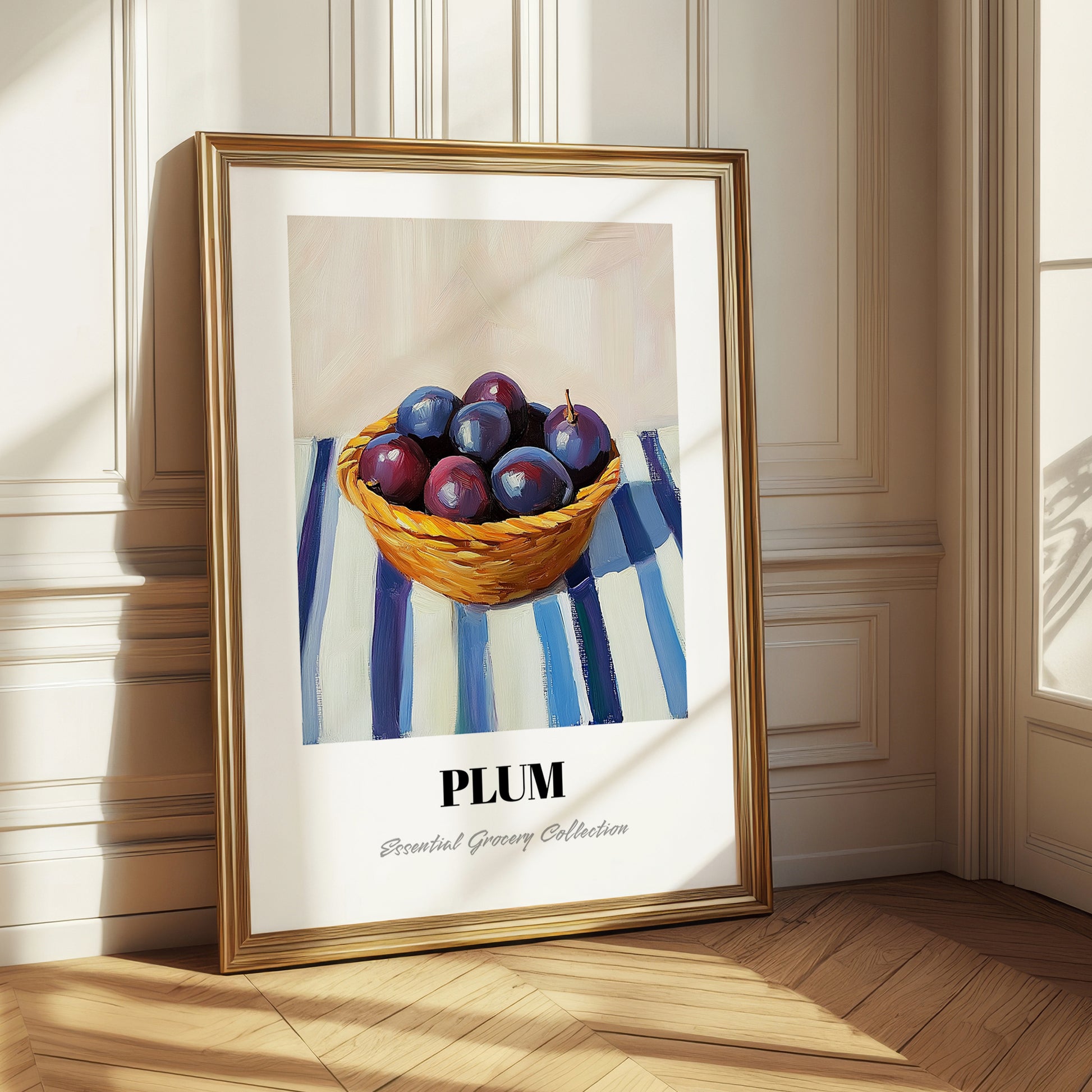 Plum – on Striped Tablecloth, Fruit Print