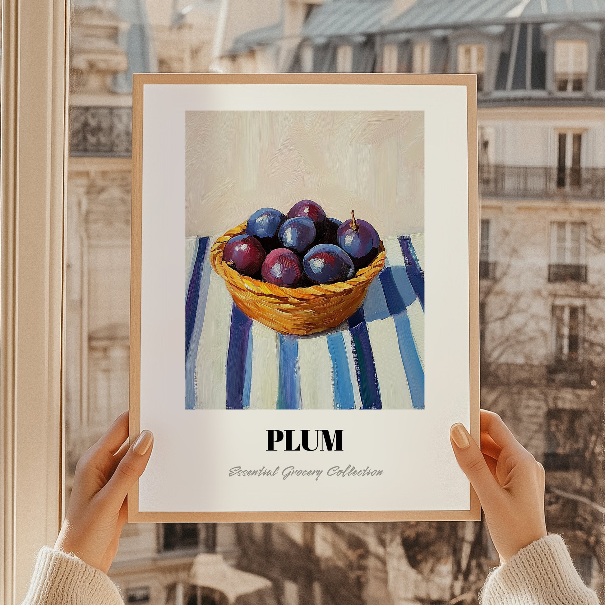 Plum – on Striped Tablecloth, Fruit Print, styled in a charming Paris street view