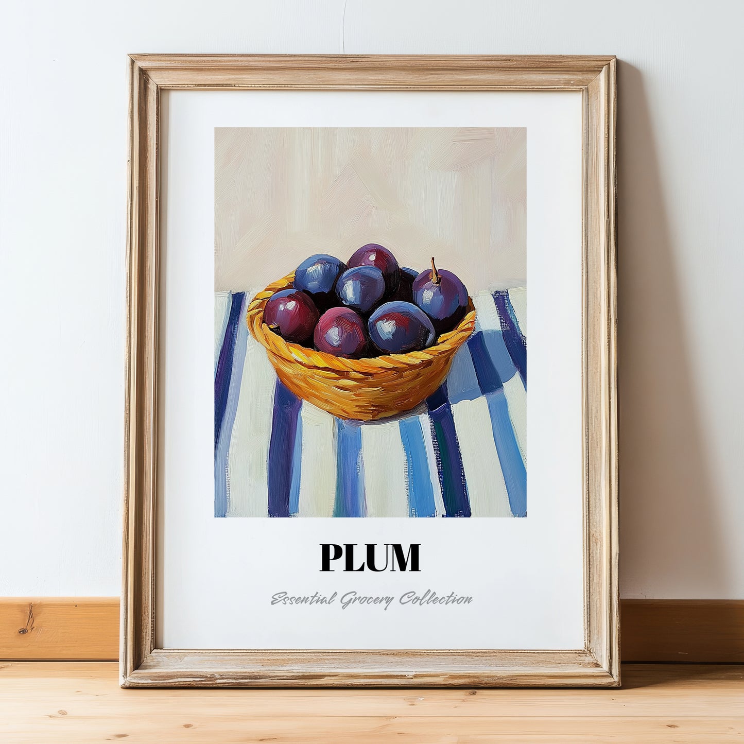 Plum – on Striped Tablecloth, Fruit Print, in wooden frame leaning on the floor