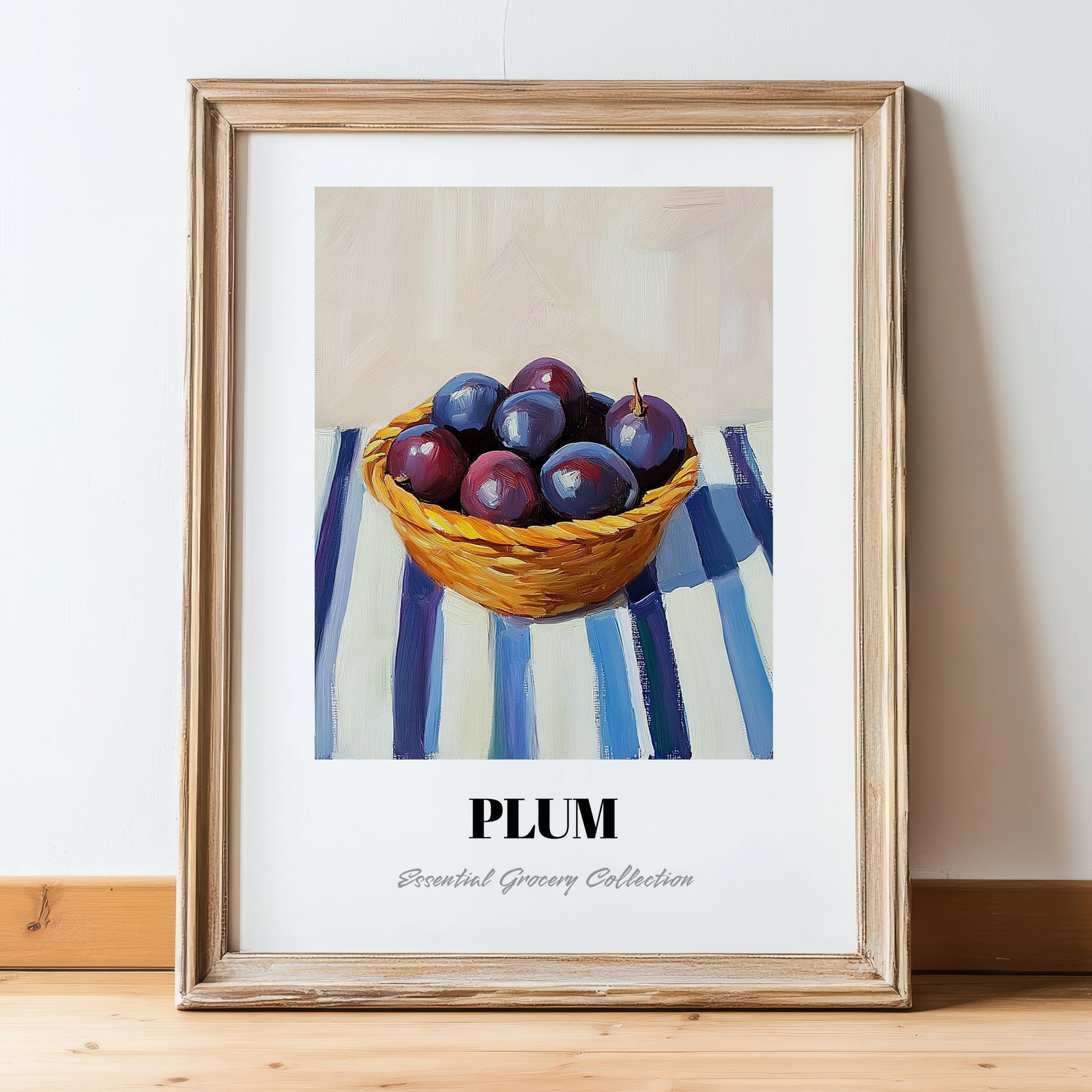Plum – on Striped Tablecloth, Fruit Print, in wooden frame leaning on the floor