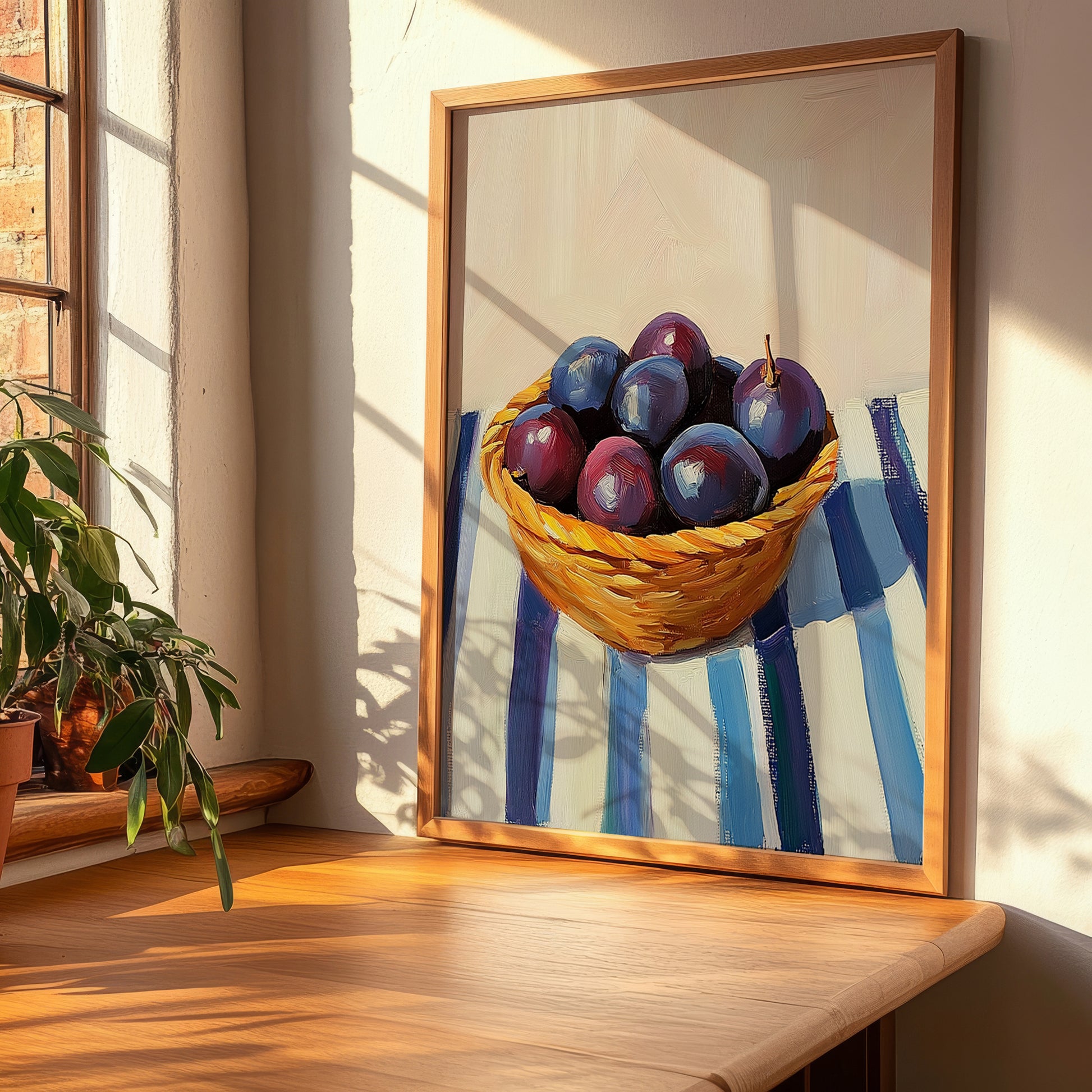 Plum – on Striped Tablecloth, Fruit Print, clean layout with no caption