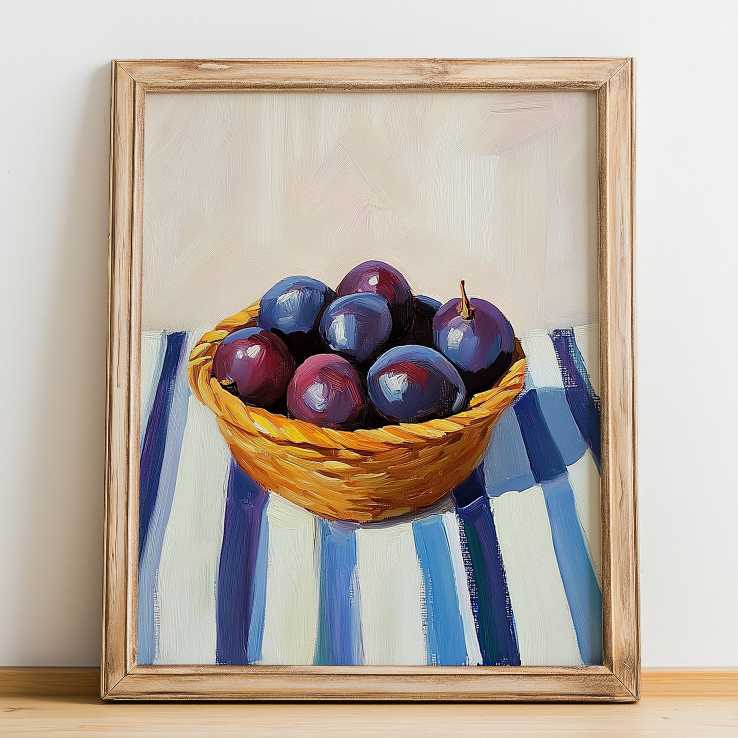 Plum – on Striped Tablecloth, Fruit Print, no-text version framed in wood