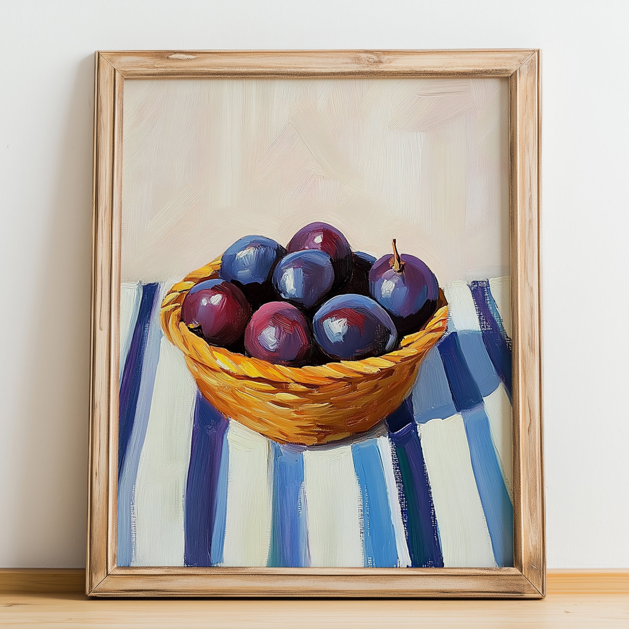 Plum – on Striped Tablecloth, Fruit Print, no-text version framed in wood