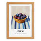 Plum – on Striped Tablecloth, Fruit Print, set in oak frame