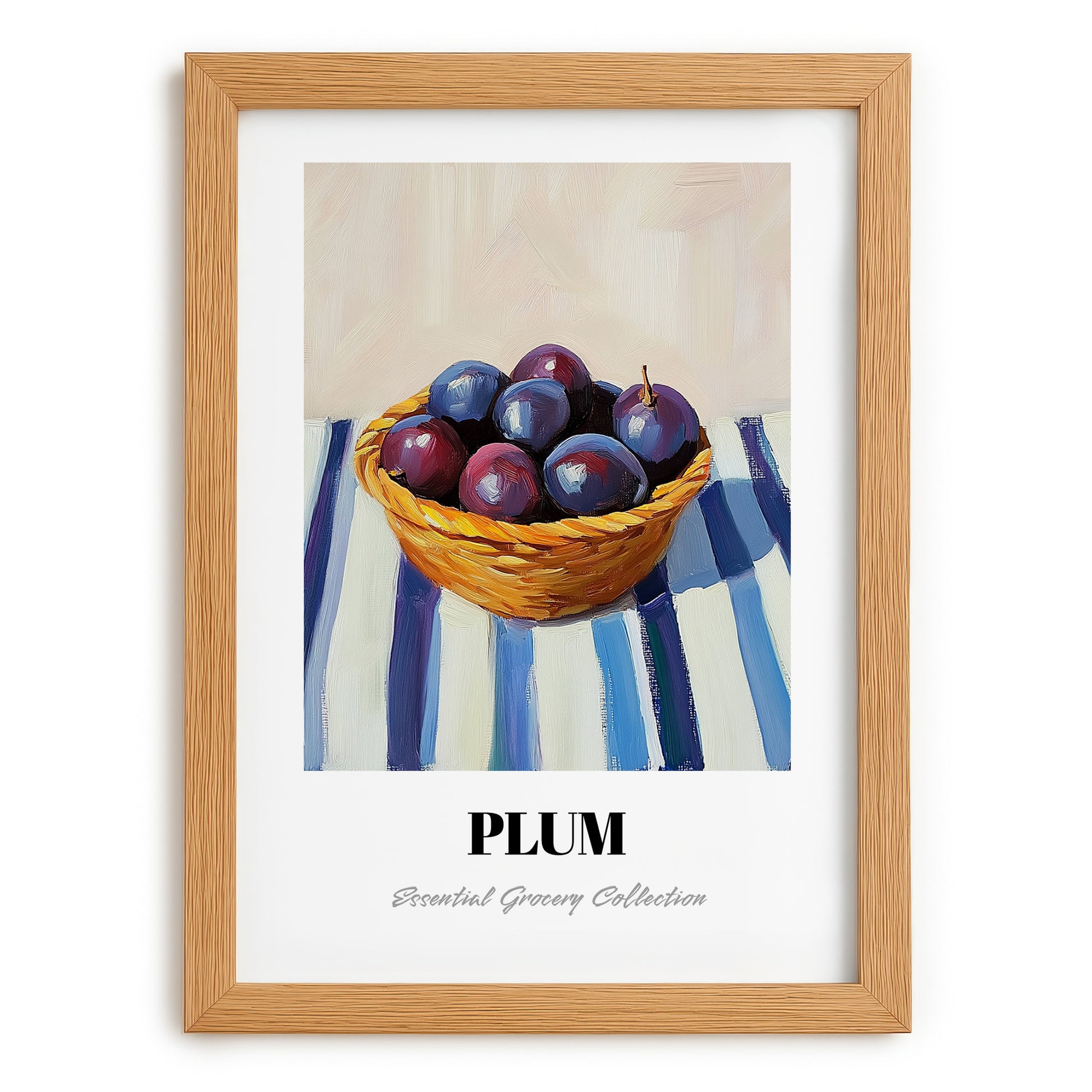 Plum – on Striped Tablecloth, Fruit Print, set in oak frame