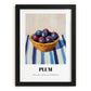 Plum – on Striped Tablecloth, Fruit Print, in sleek black frame