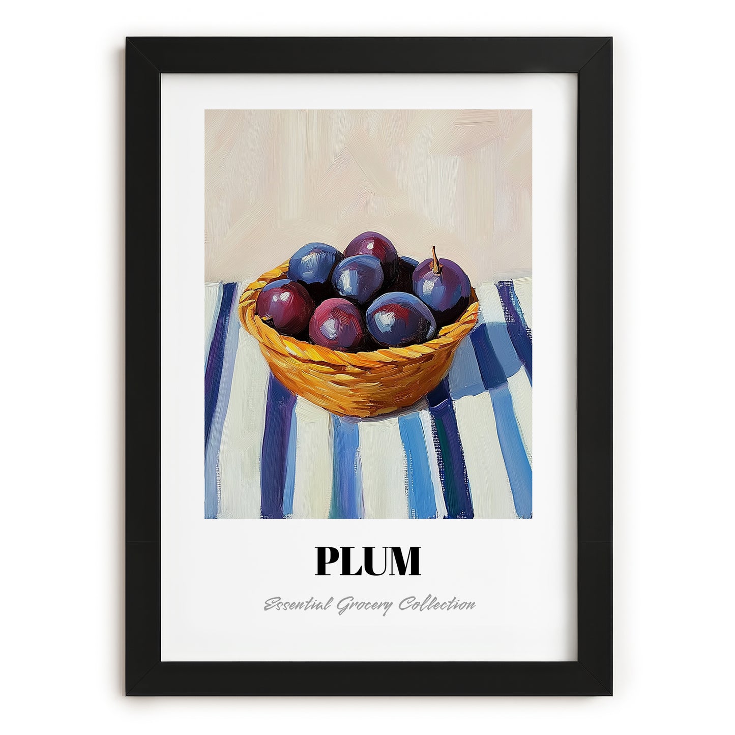 Plum – on Striped Tablecloth, Fruit Print, in sleek black frame