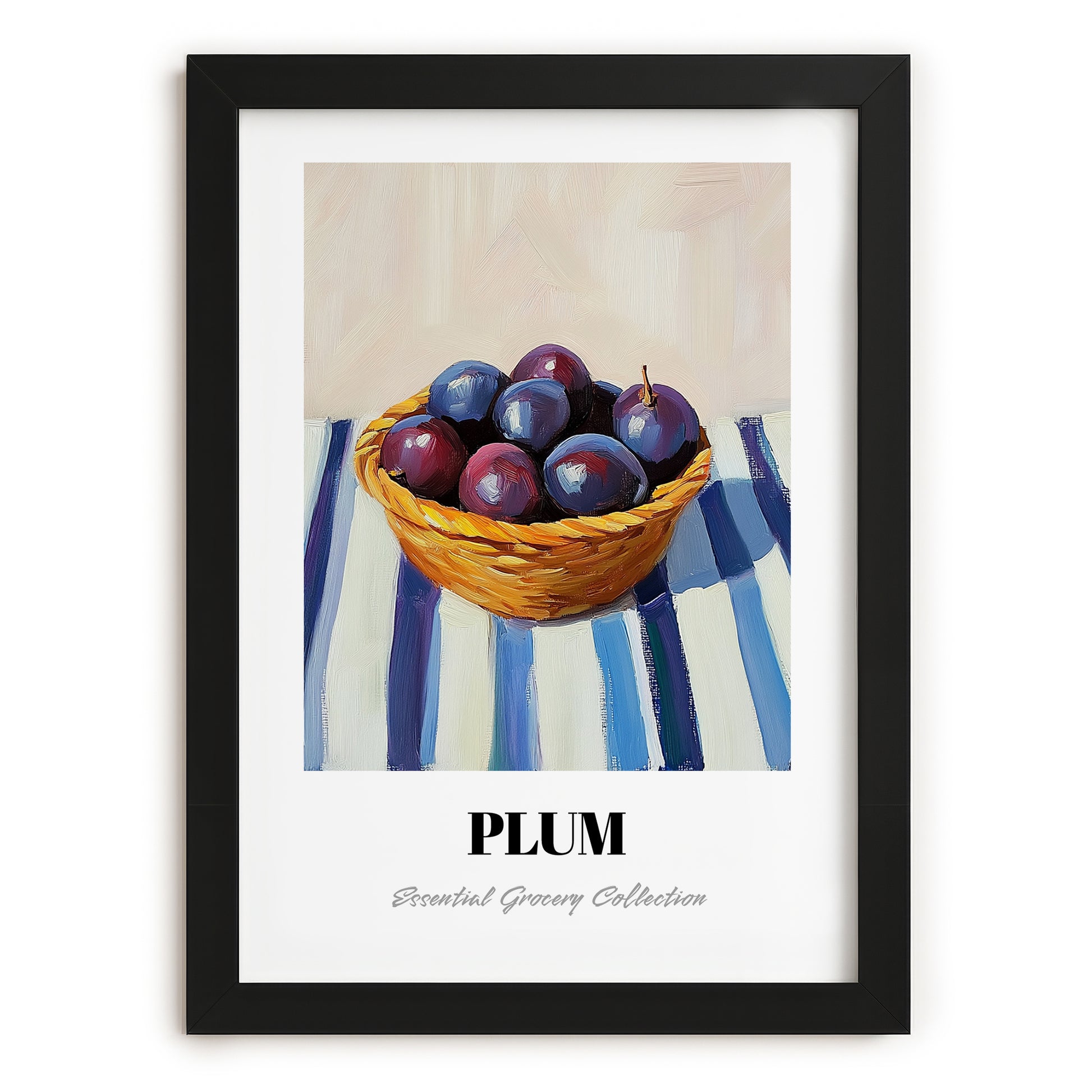 Plum – on Striped Tablecloth, Fruit Print, in sleek black frame