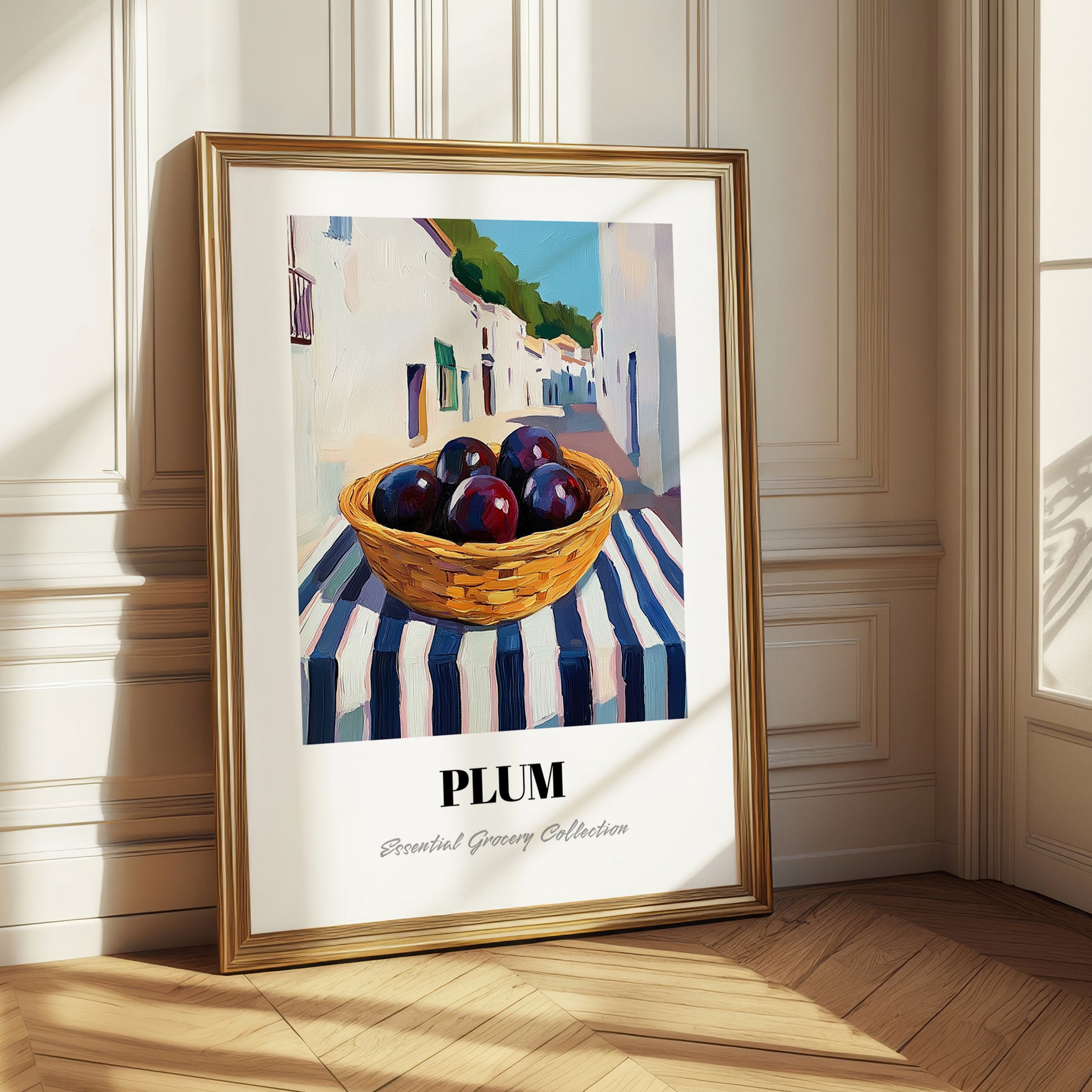 Plum – White village Urban Café Scene, Fruit Wall Illustration