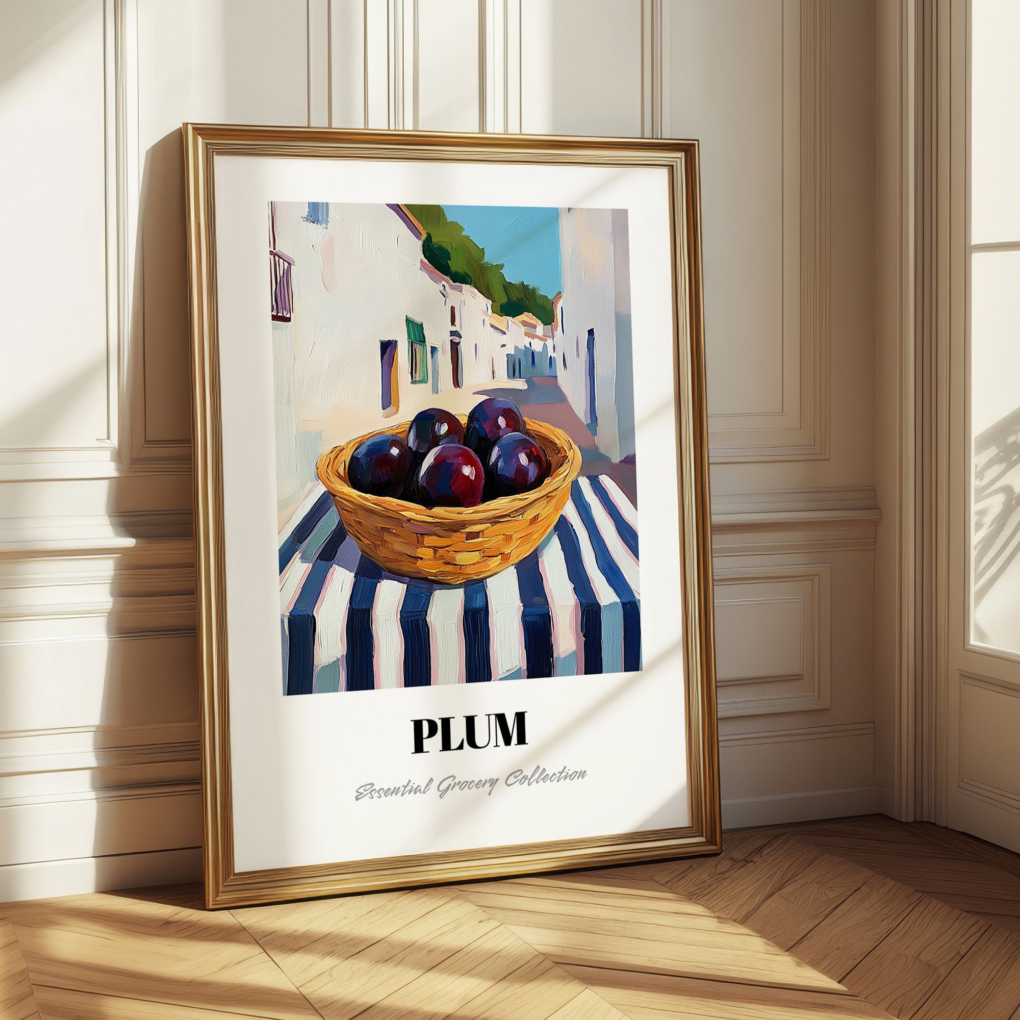 Plum – White village Urban Café Scene, Fruit Wall Illustration
