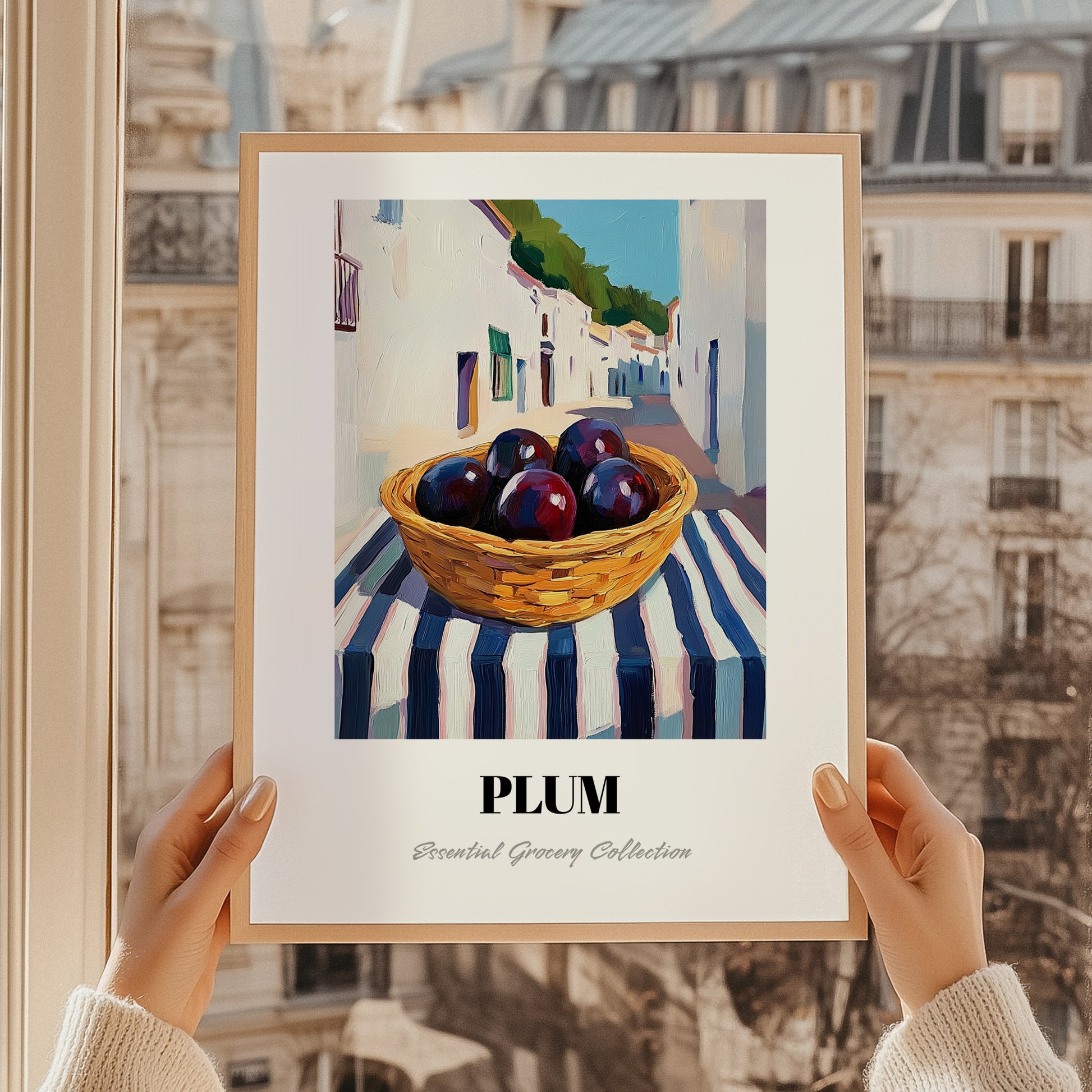 Plum – White village Urban Café Scene, Fruit Wall Illustration, styled in a charming Paris street view