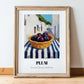 Plum – White village Urban Café Scene, Fruit Wall Illustration, in wooden frame leaning on the floor
