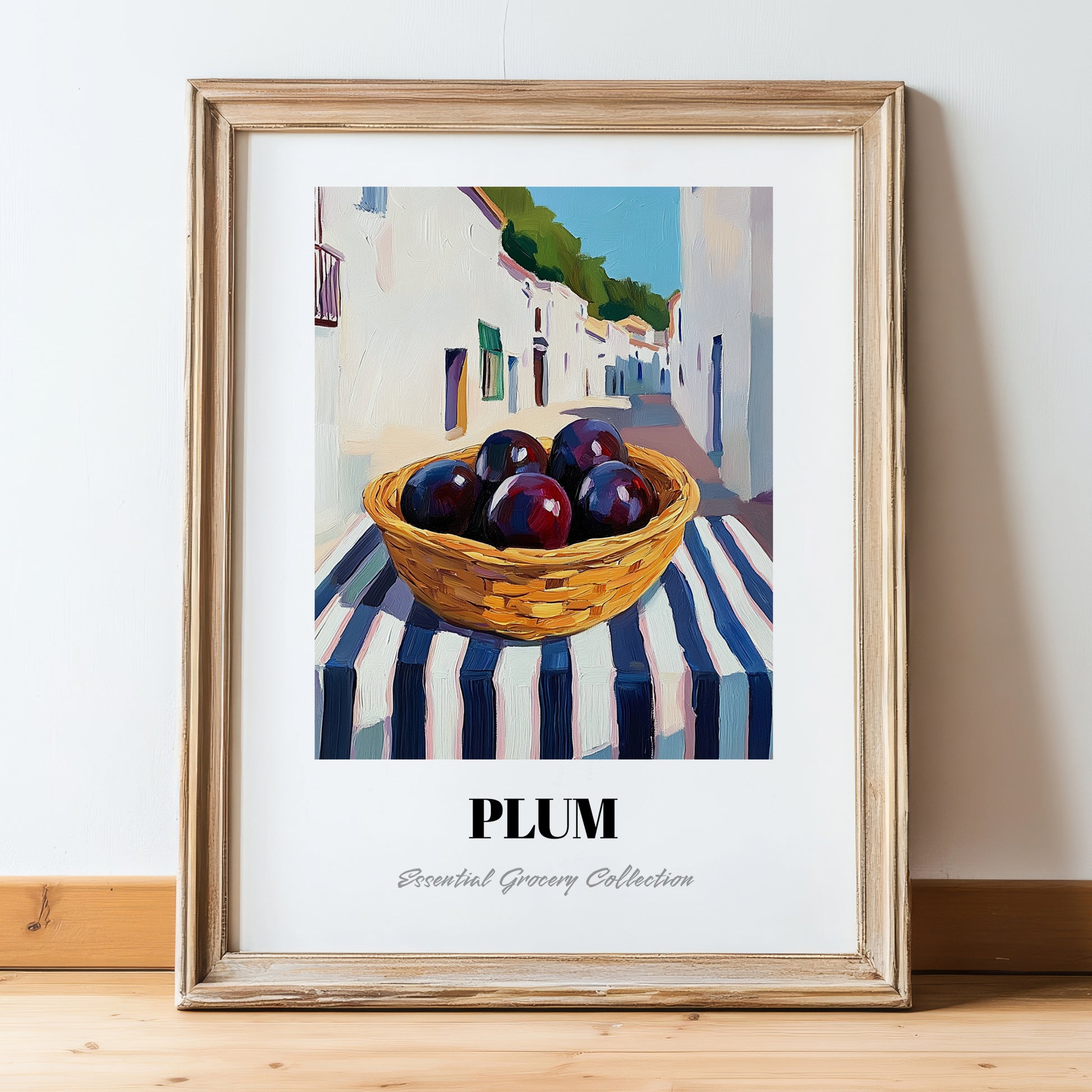 Plum – White village Urban Café Scene, Fruit Wall Illustration, in wooden frame leaning on the floor