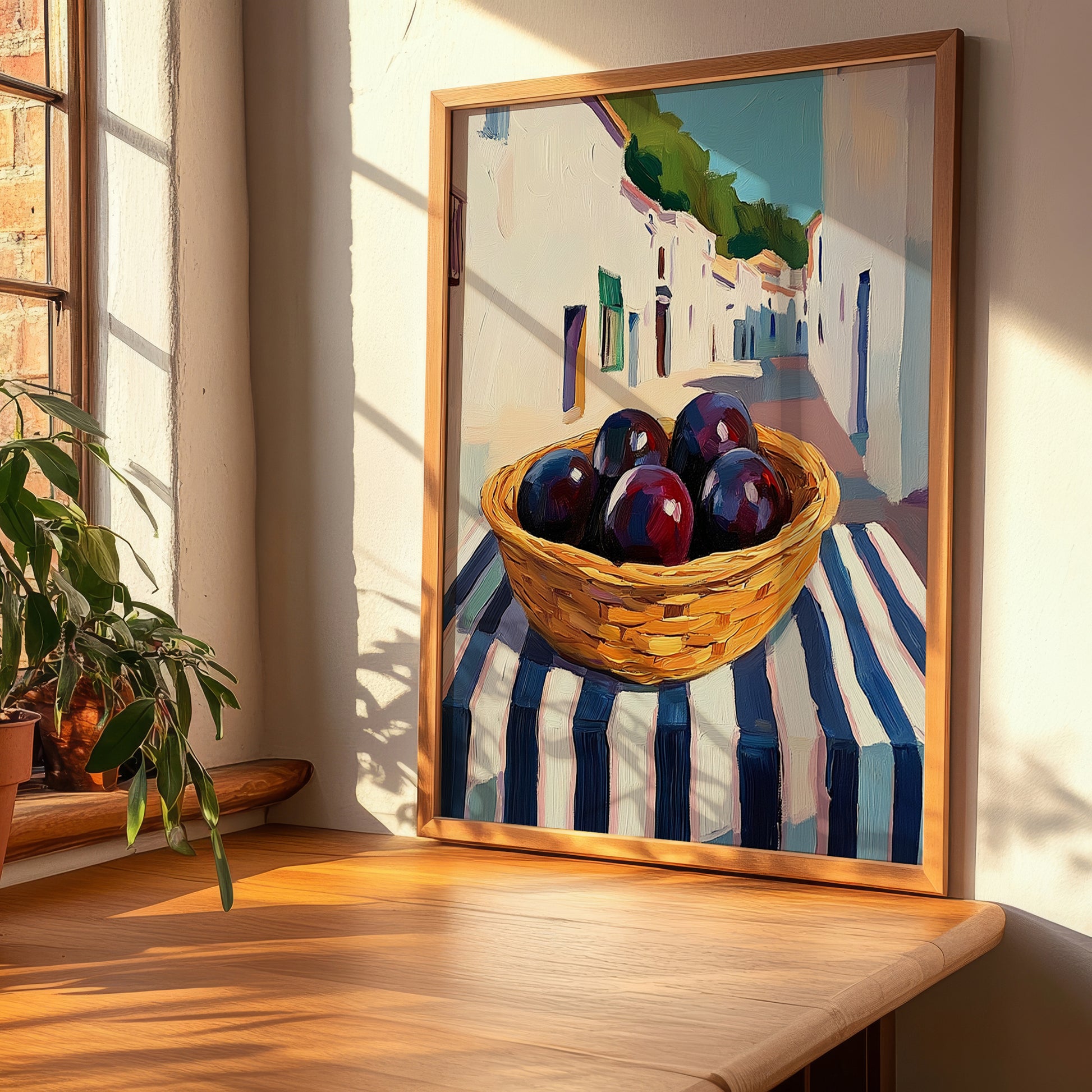 Plum – White village Urban Café Scene, Fruit Wall Illustration, clean layout with no caption