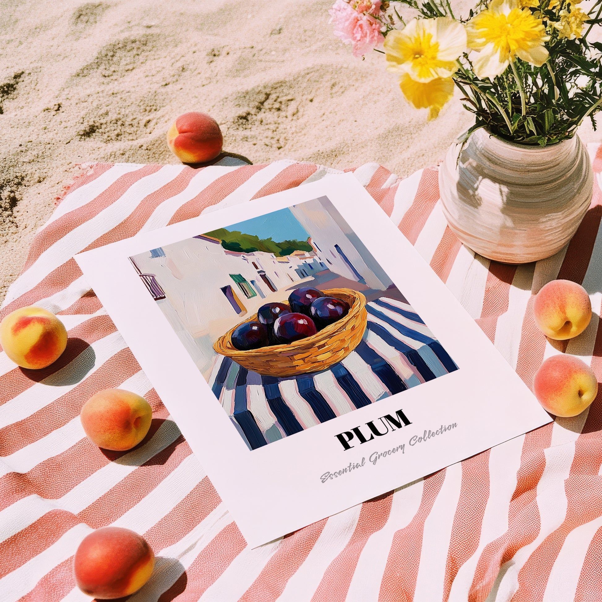 Plum – White village Urban Café Scene, Fruit Wall Illustration, unframed on coastal sand