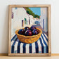 Plum – White village Urban Café Scene, Fruit Wall Illustration, no-text version framed in wood