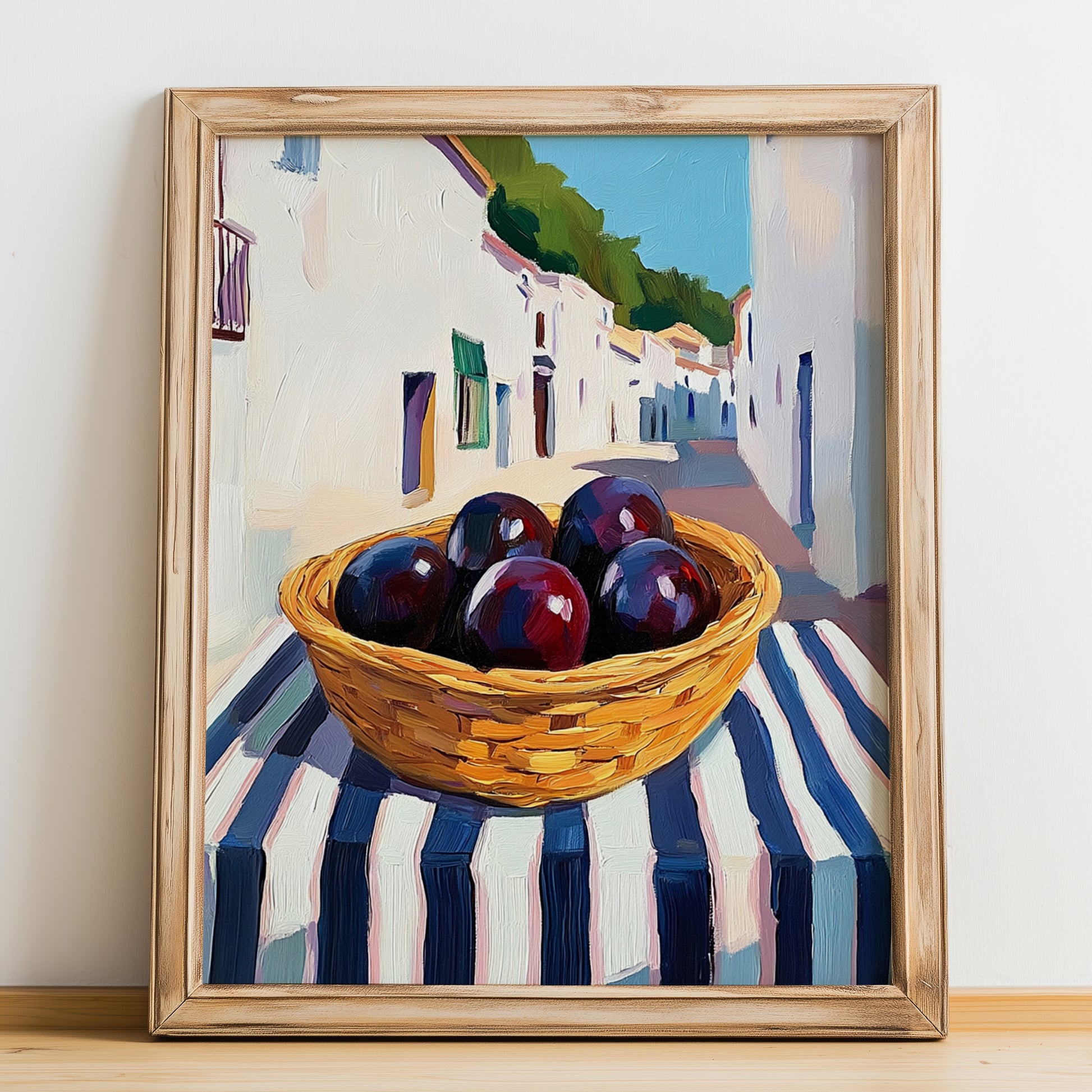 Plum – White village Urban Café Scene, Fruit Wall Illustration, no-text version framed in wood
