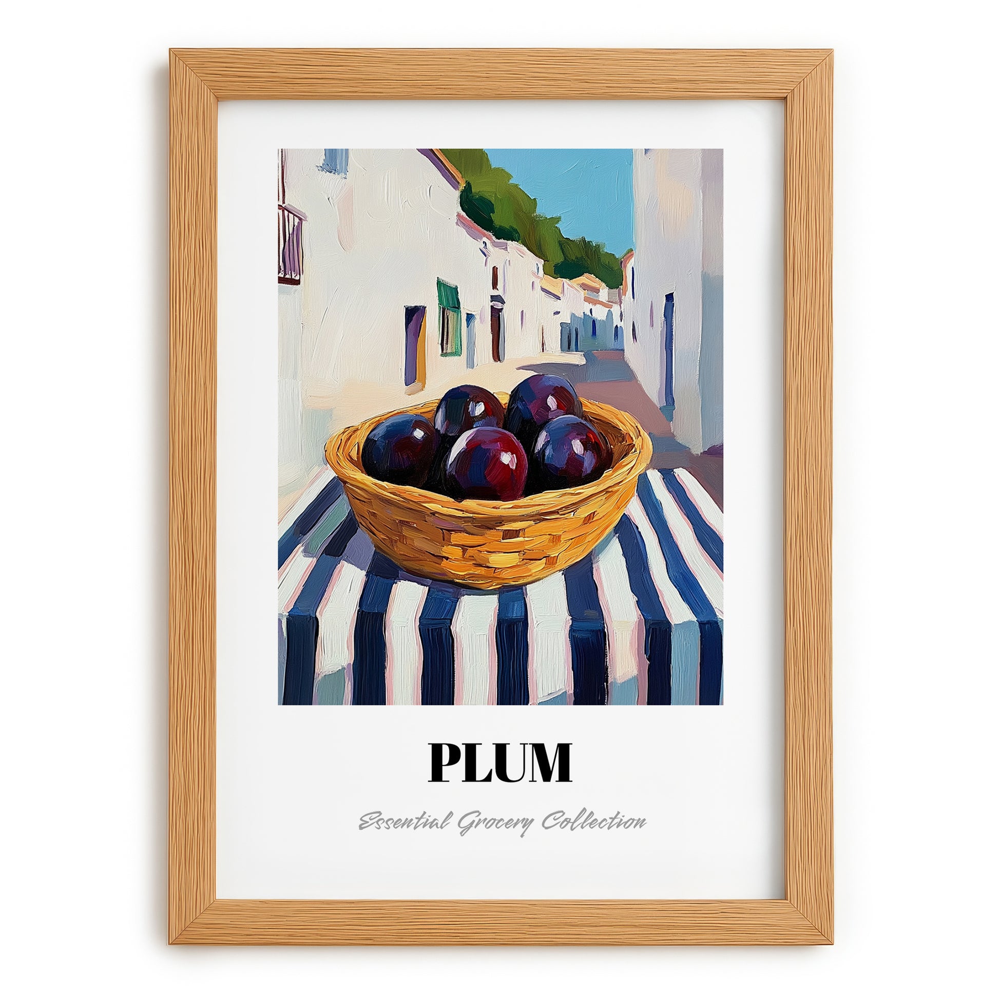 Plum – White village Urban Café Scene, Fruit Wall Illustration, set in oak frame