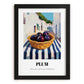 Plum – White village Urban Café Scene, Fruit Wall Illustration, in sleek black frame