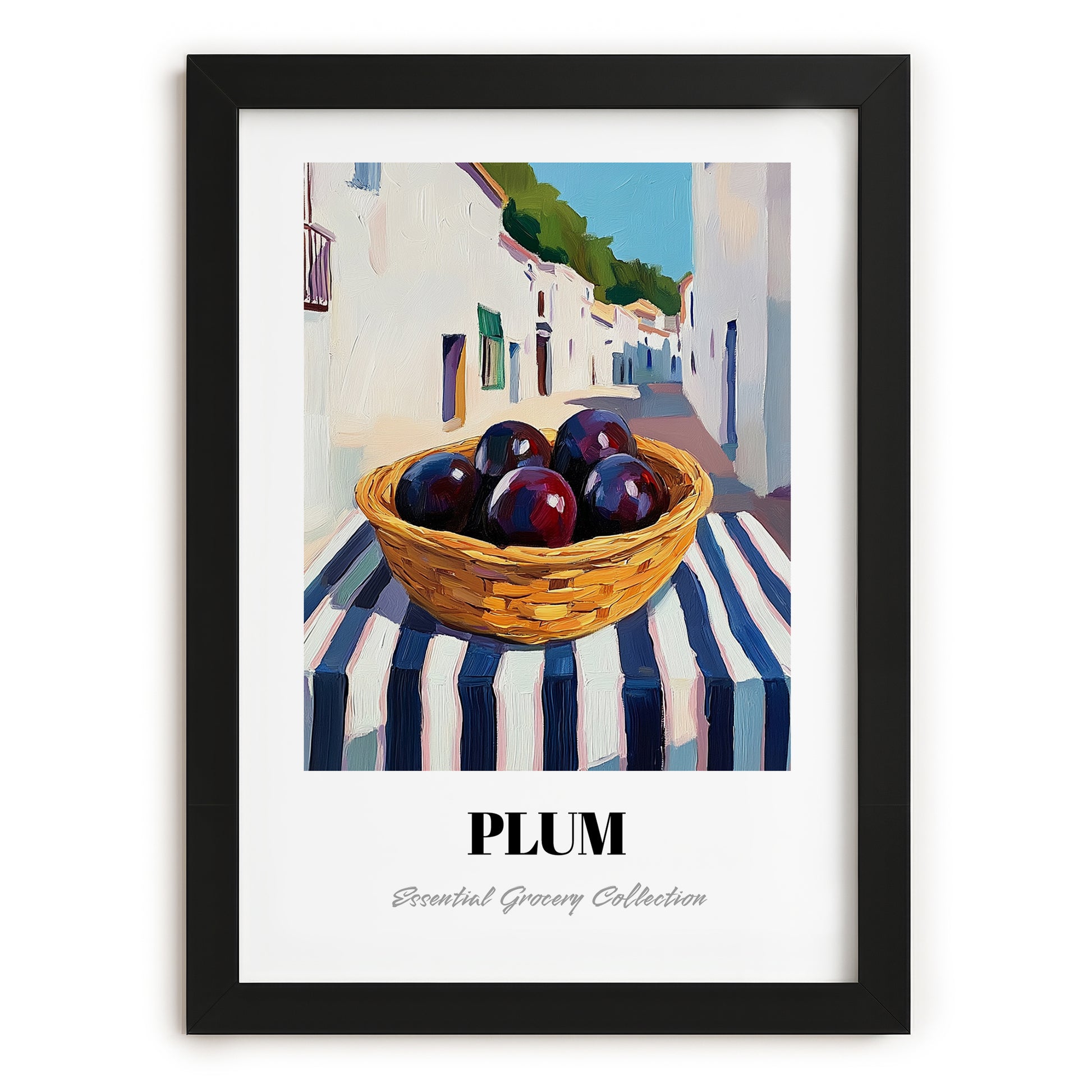 Plum – White village Urban Café Scene, Fruit Wall Illustration, in sleek black frame