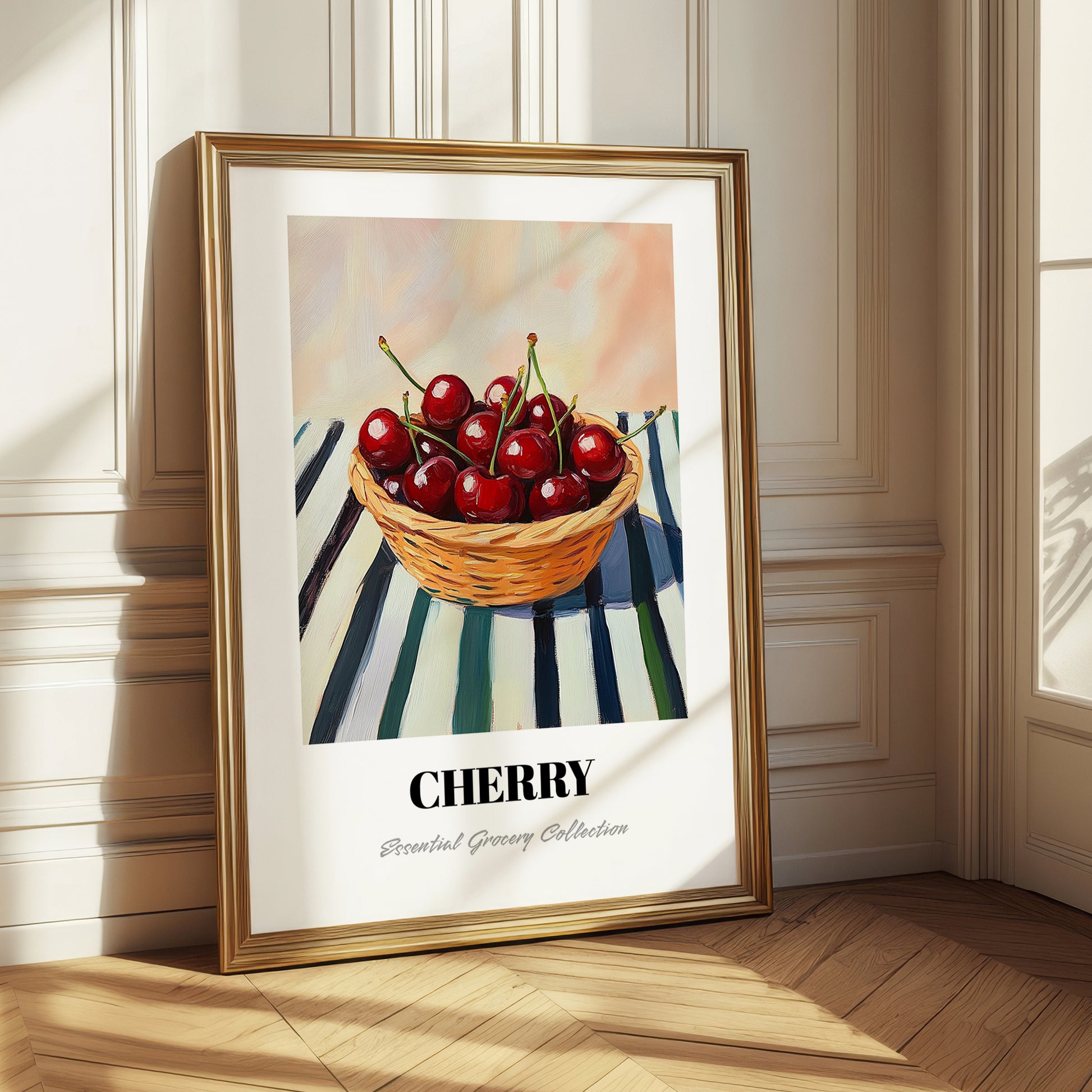 Cherry – on Striped Tablecloth, Fruit Still Life
