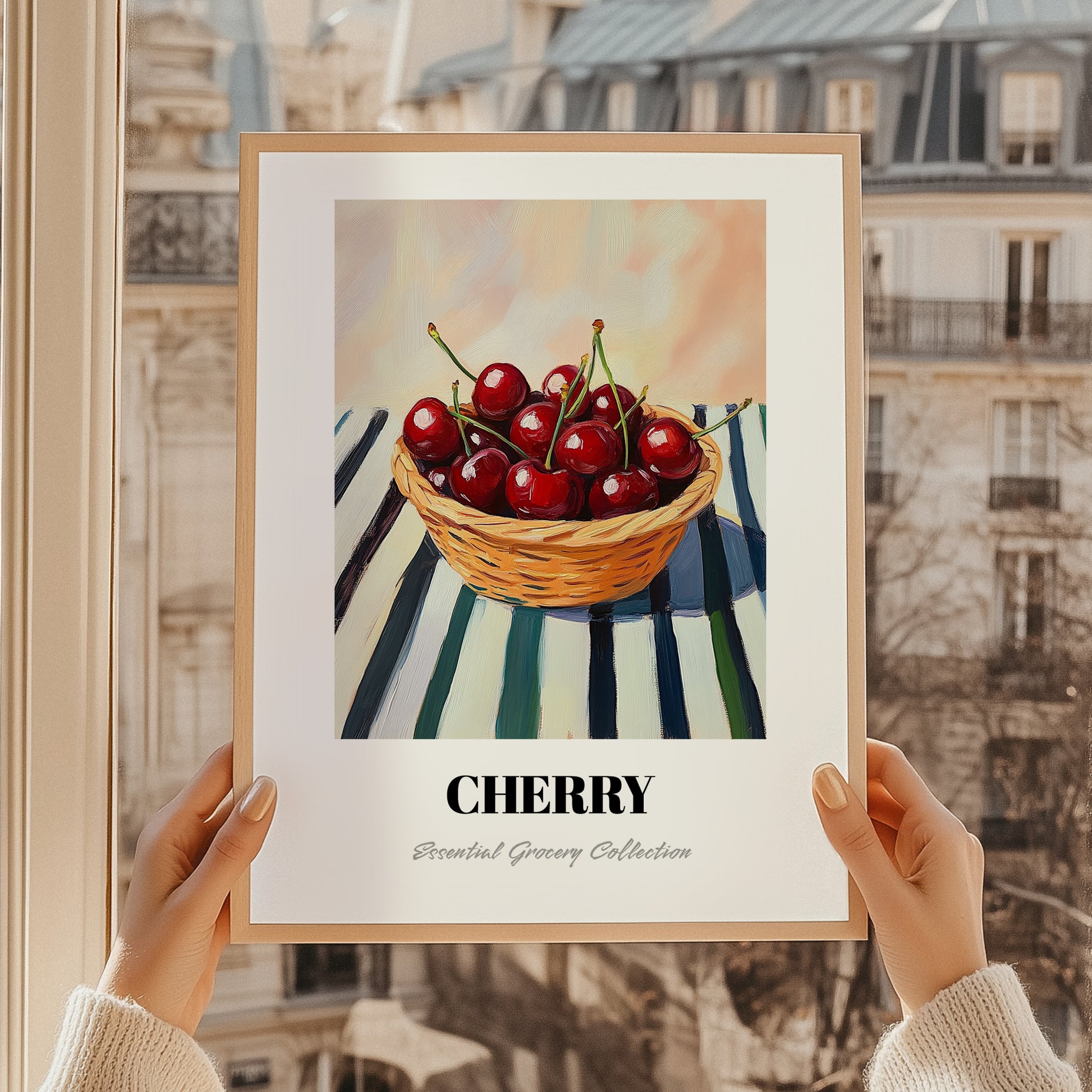 Cherry – on Striped Tablecloth, Fruit Still Life, styled in a charming Paris street view