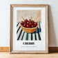 Cherry – on Striped Tablecloth, Fruit Still Life, in wooden frame leaning on the floor