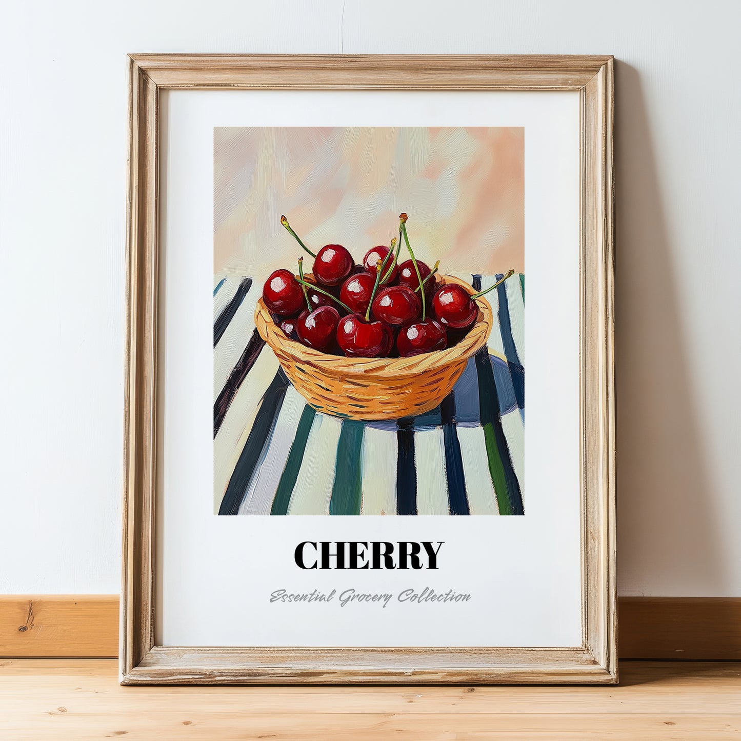 Cherry – on Striped Tablecloth, Fruit Still Life, in wooden frame leaning on the floor