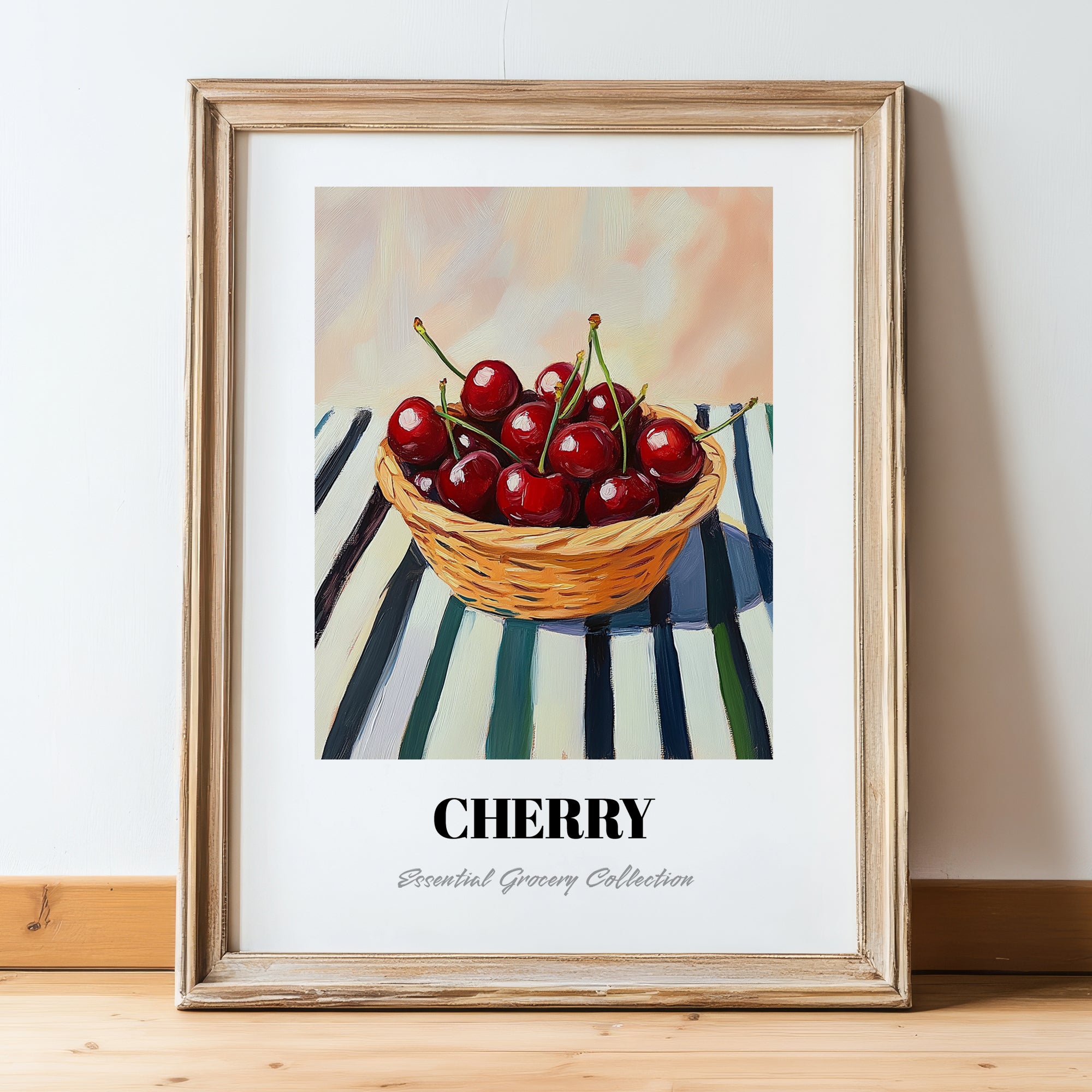 Cherry – on Striped Tablecloth, Fruit Still Life, in wooden frame leaning on the floor