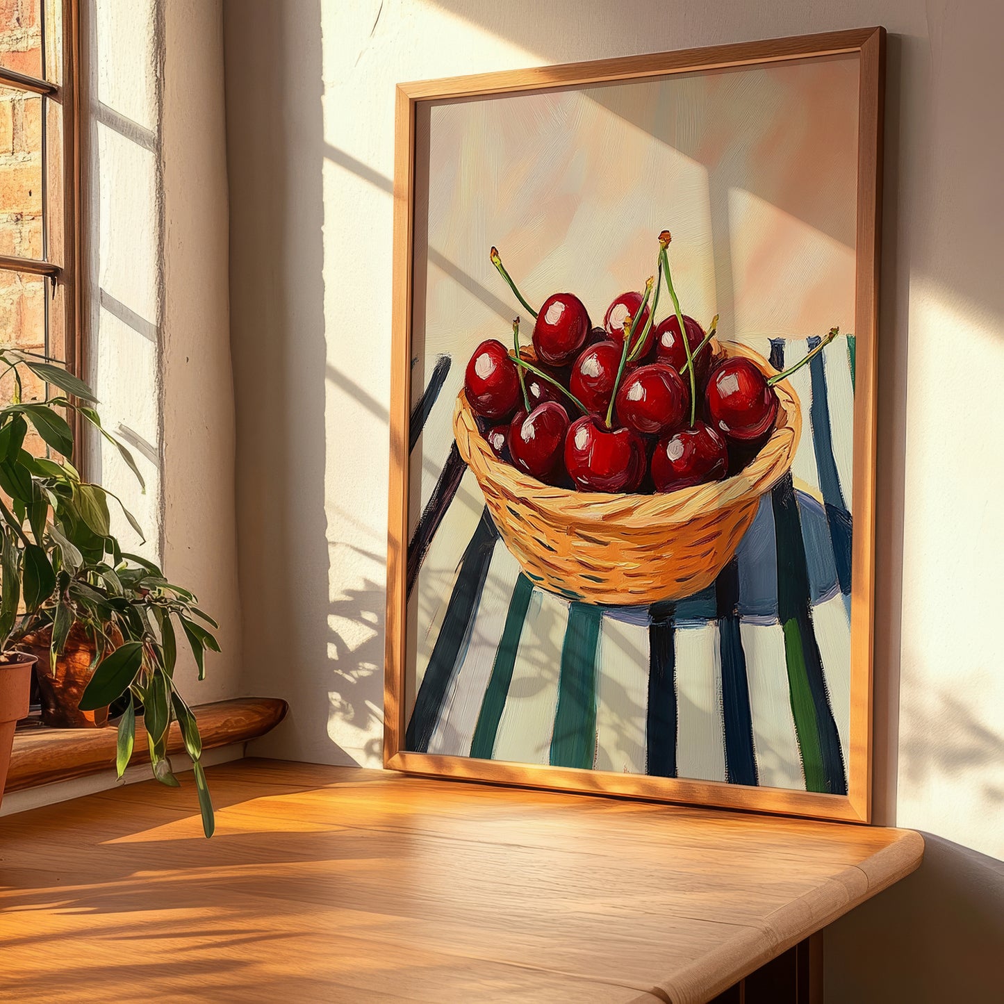 Cherry – on Striped Tablecloth, Fruit Still Life, clean layout with no caption