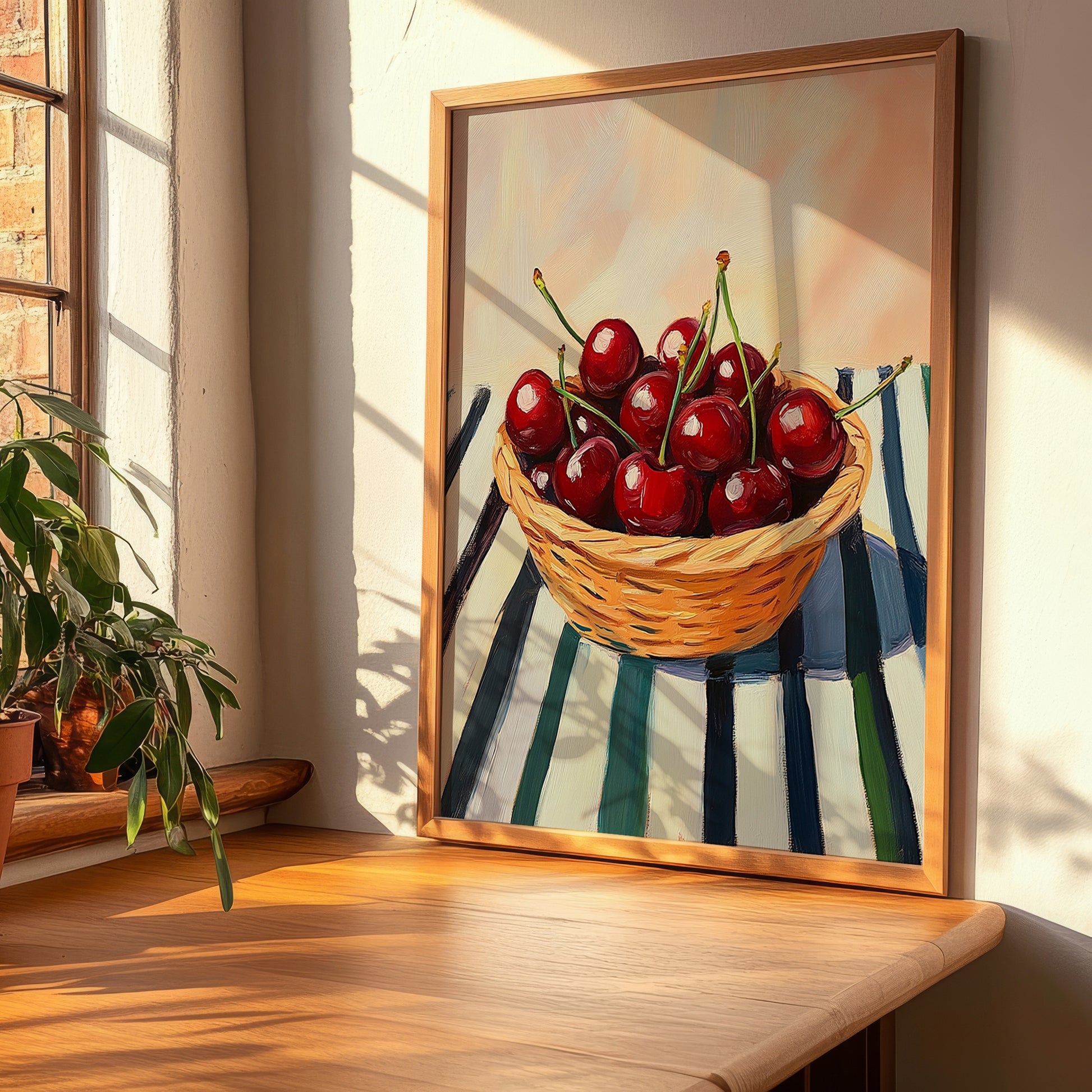 Cherry – on Striped Tablecloth, Fruit Still Life, clean layout with no caption