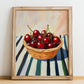 Cherry – on Striped Tablecloth, Fruit Still Life, no-text version framed in wood