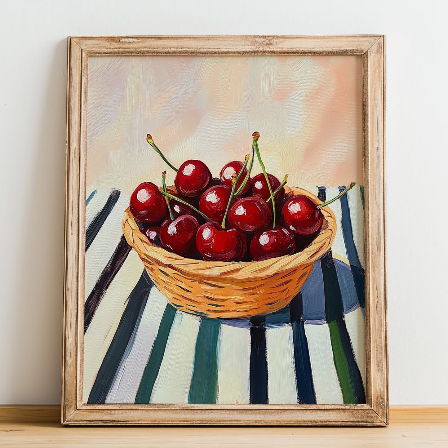 Cherry – on Striped Tablecloth, Fruit Still Life, no-text version framed in wood