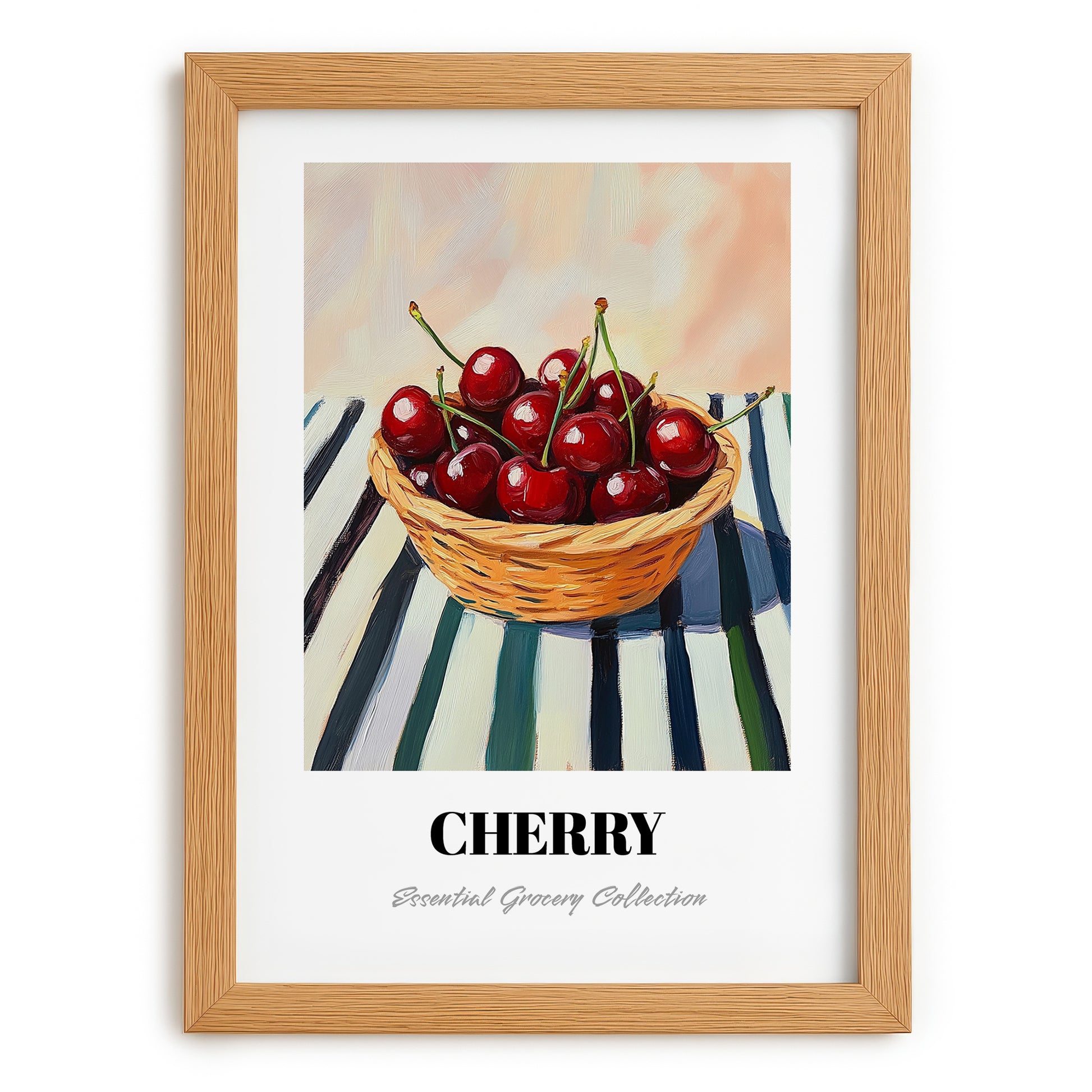 Cherry – on Striped Tablecloth, Fruit Still Life, set in oak frame