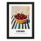 Cherry – on Striped Tablecloth, Fruit Still Life, in sleek black frame